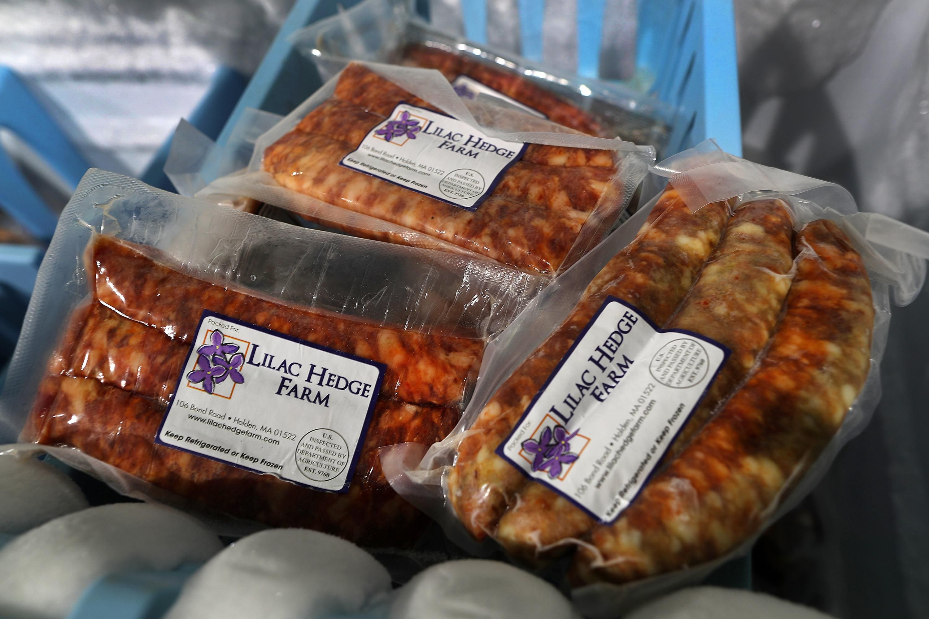 Sausages in a freezer at Lilac Hedge Farm.