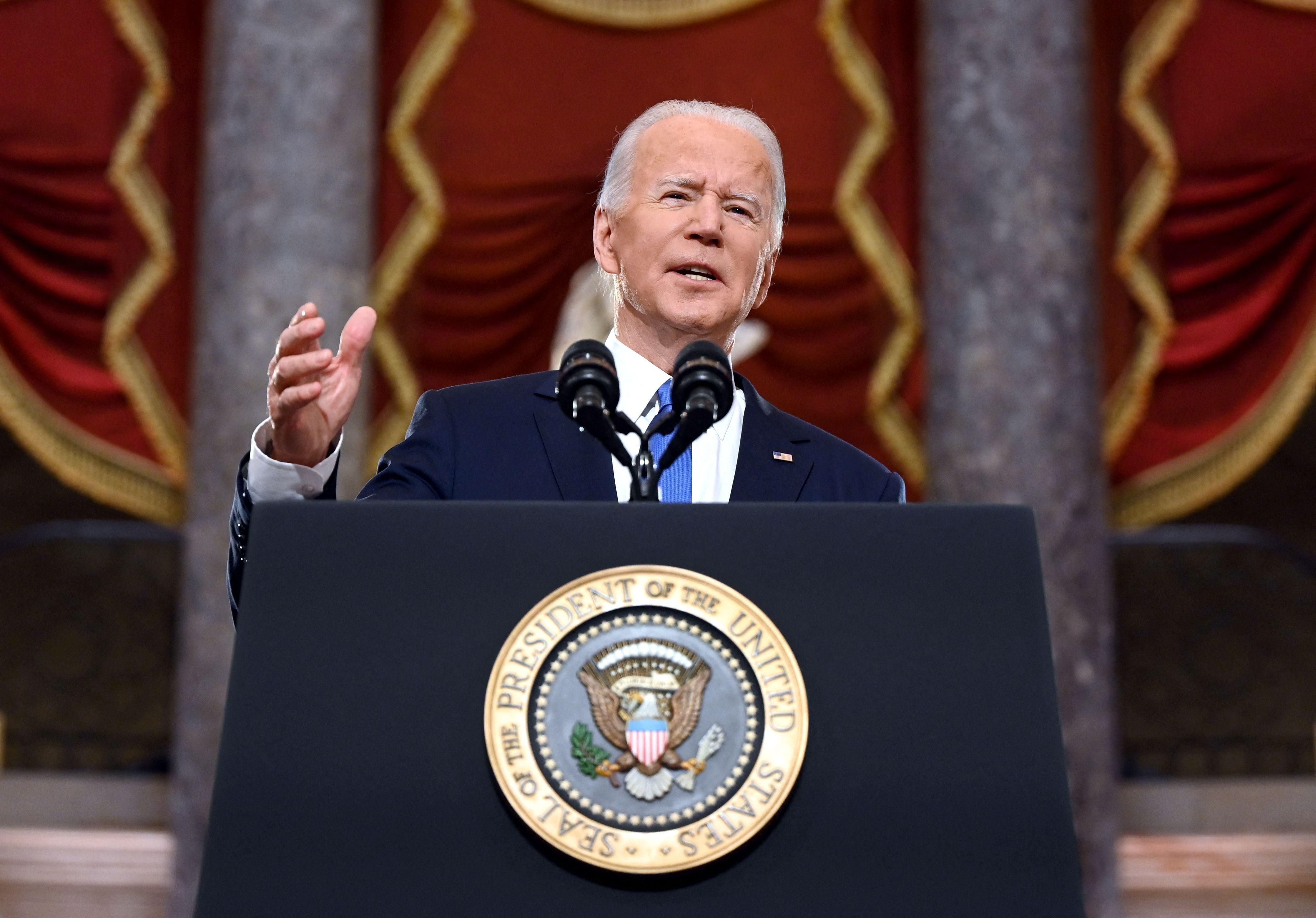 President Joe Biden speaks at the U.S. Capitol on January 6, 2022, to mark the anniversary of last year's attack in Washington, D.C.