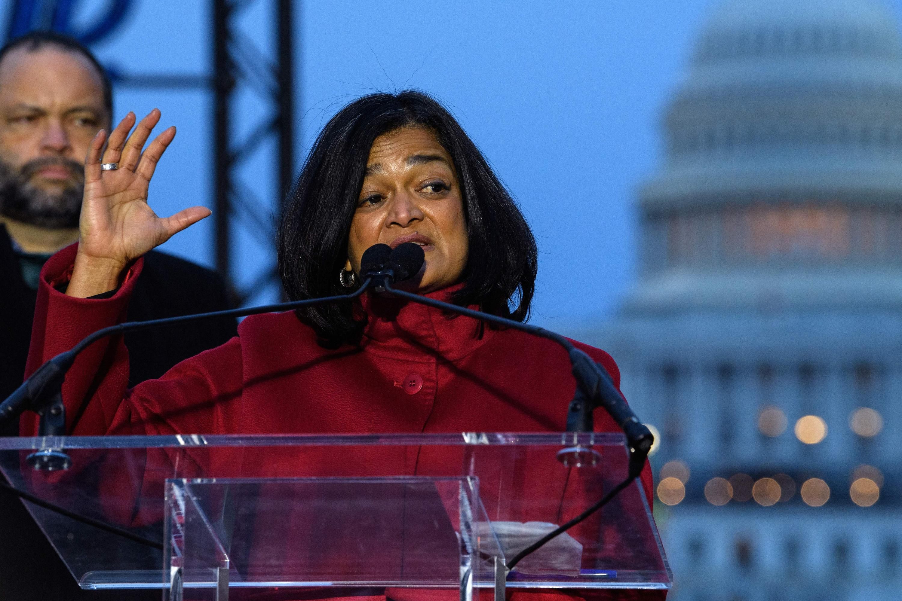 Rep. Pramila Jayapal speaks at an event on Capitol Hill