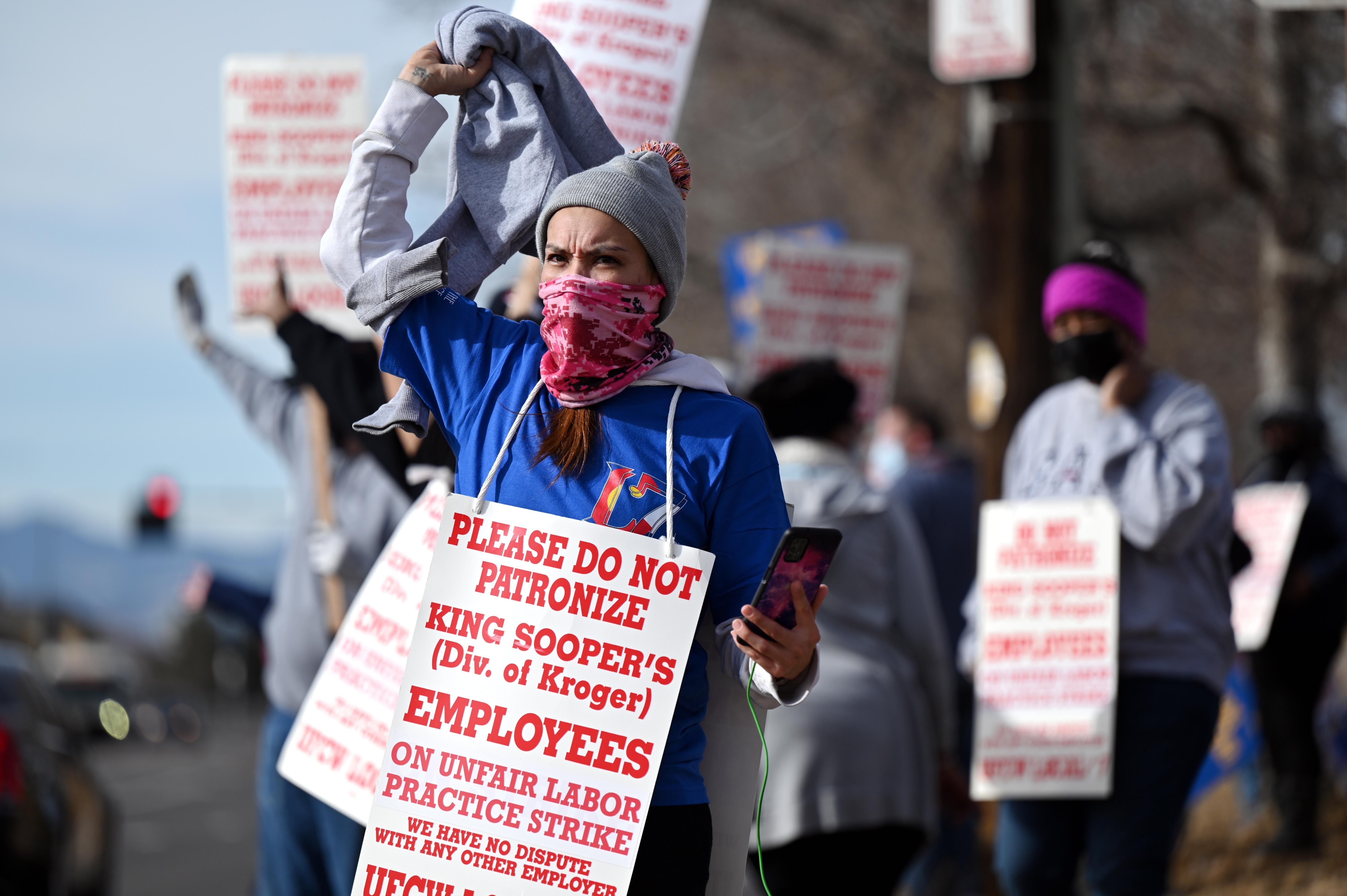 Amanda Solano and other members of United Food and Commercial Workers Local 7 gathered for a rally in Glendale, Colorado, on January 13, 2022, during the strike against King Soopers.