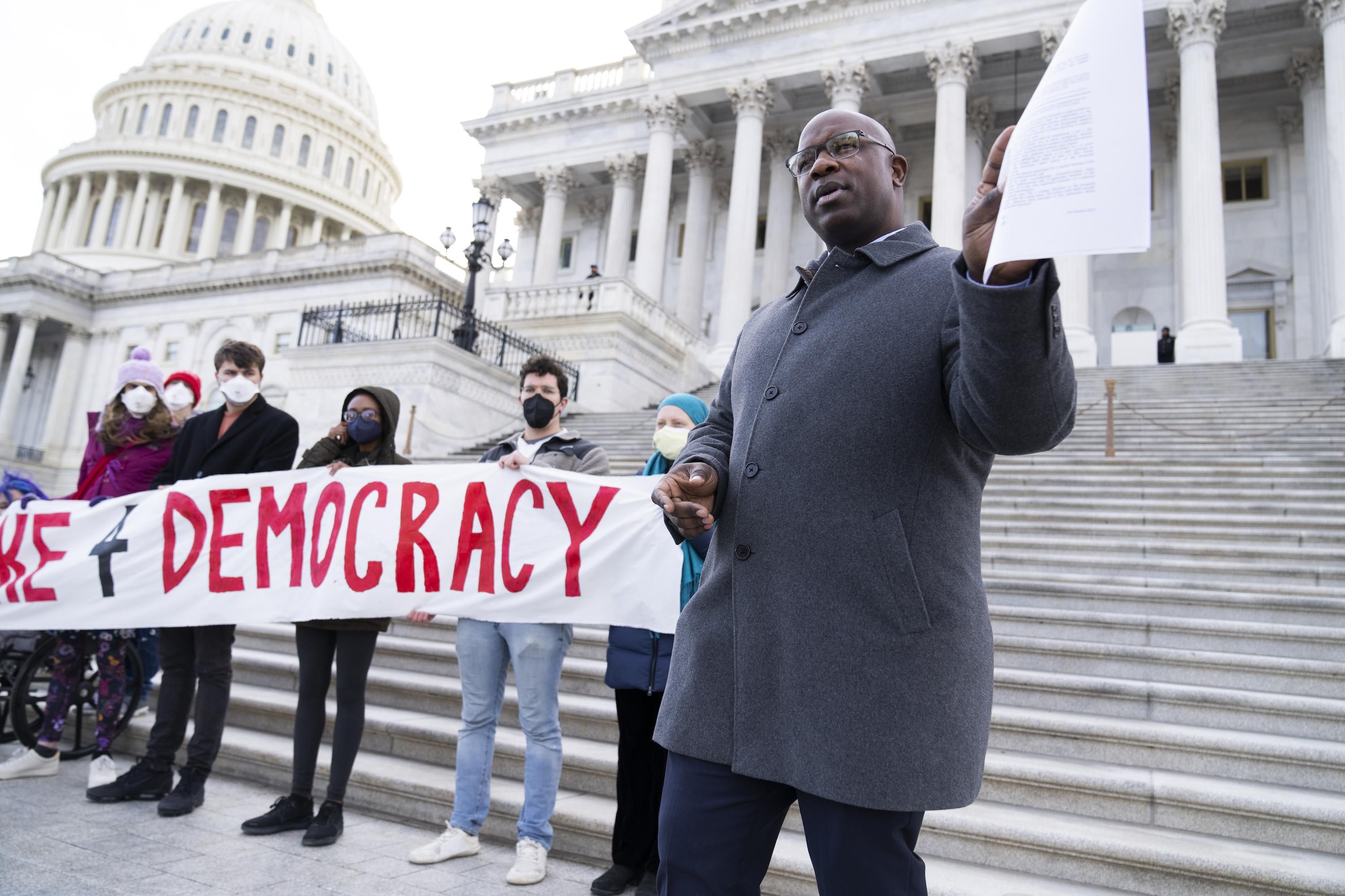 Rep. Jamaal Bowman (D-N.Y.) holds a rally outside the U.S. Capitol to urge the Senate to pass voting rights legislation on January 19, 2022.