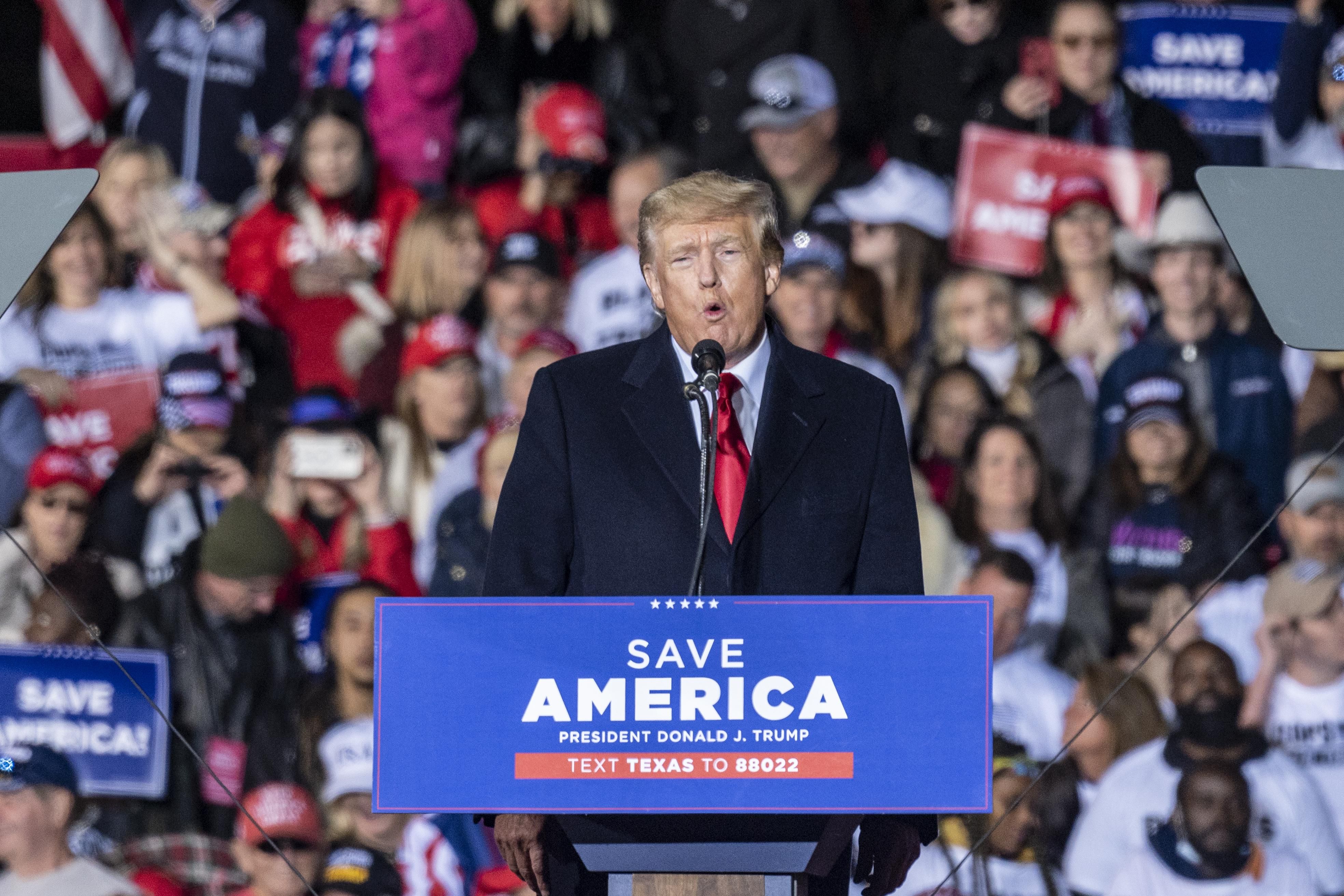 Former President Donald Trump speaks at a rally at the Montgomery County Fairgrounds on January 29, 2022, in Conroe, Texas.