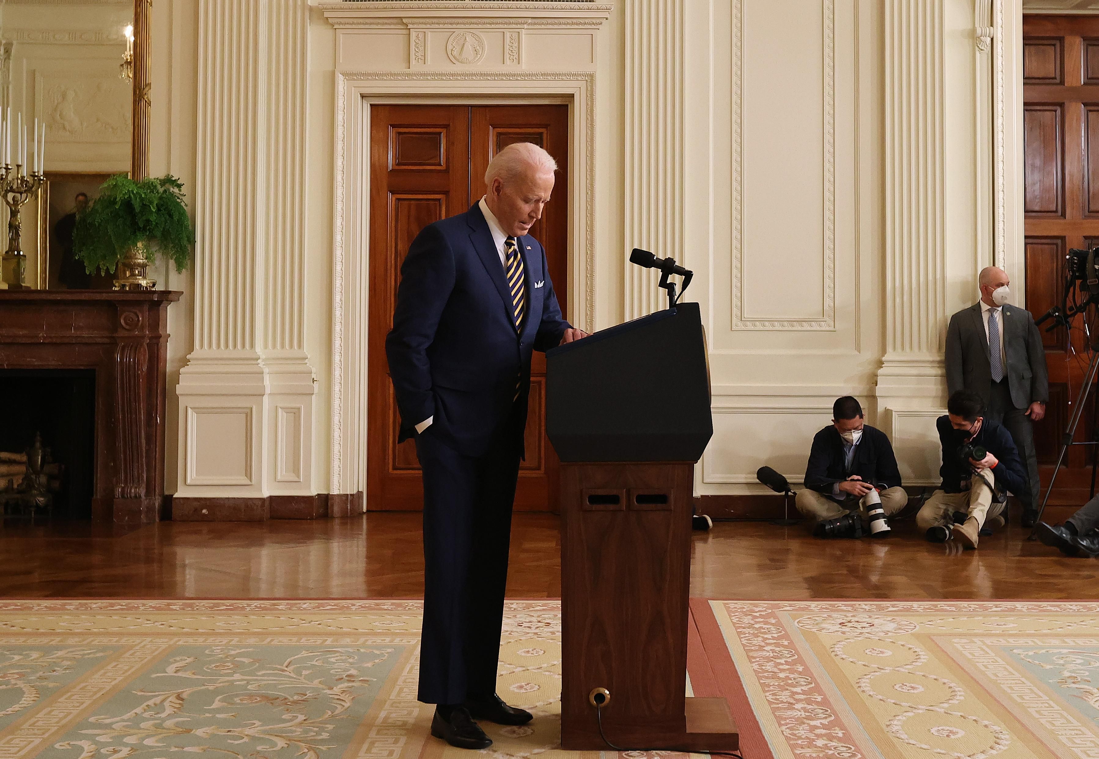 President Joe Biden talks to reporters during a news conference in the East Room of the White House on January 19, 2022, in Washington, D.C. 