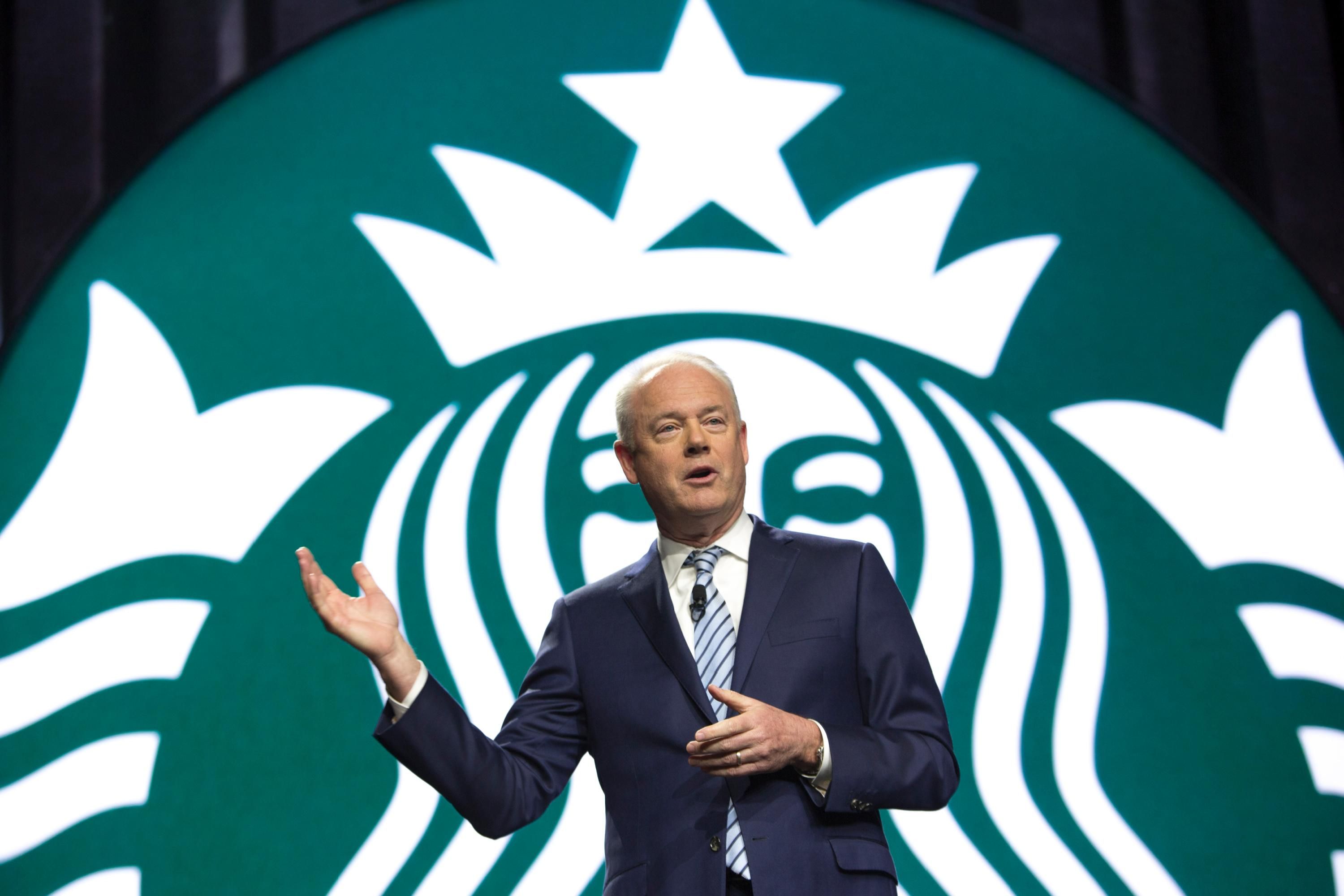 Starbucks CEO Kevin Johnson speaks to shareholders