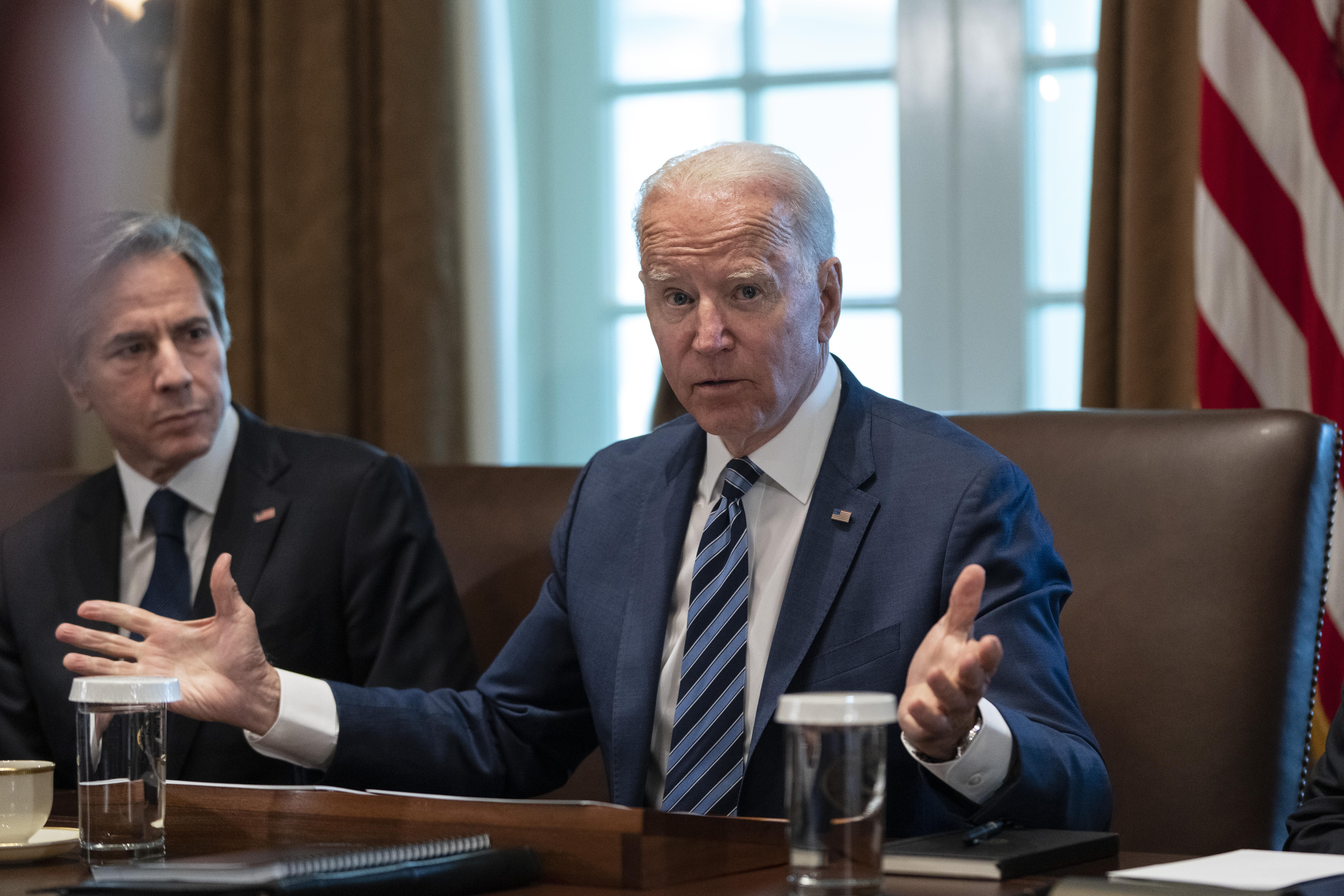 U.S. Secretary of State Antony Blinken looks on as U.S. President Joe Biden speaks at the start of a Cabinet meeting on July 20, 2021, in Washington, D.C.