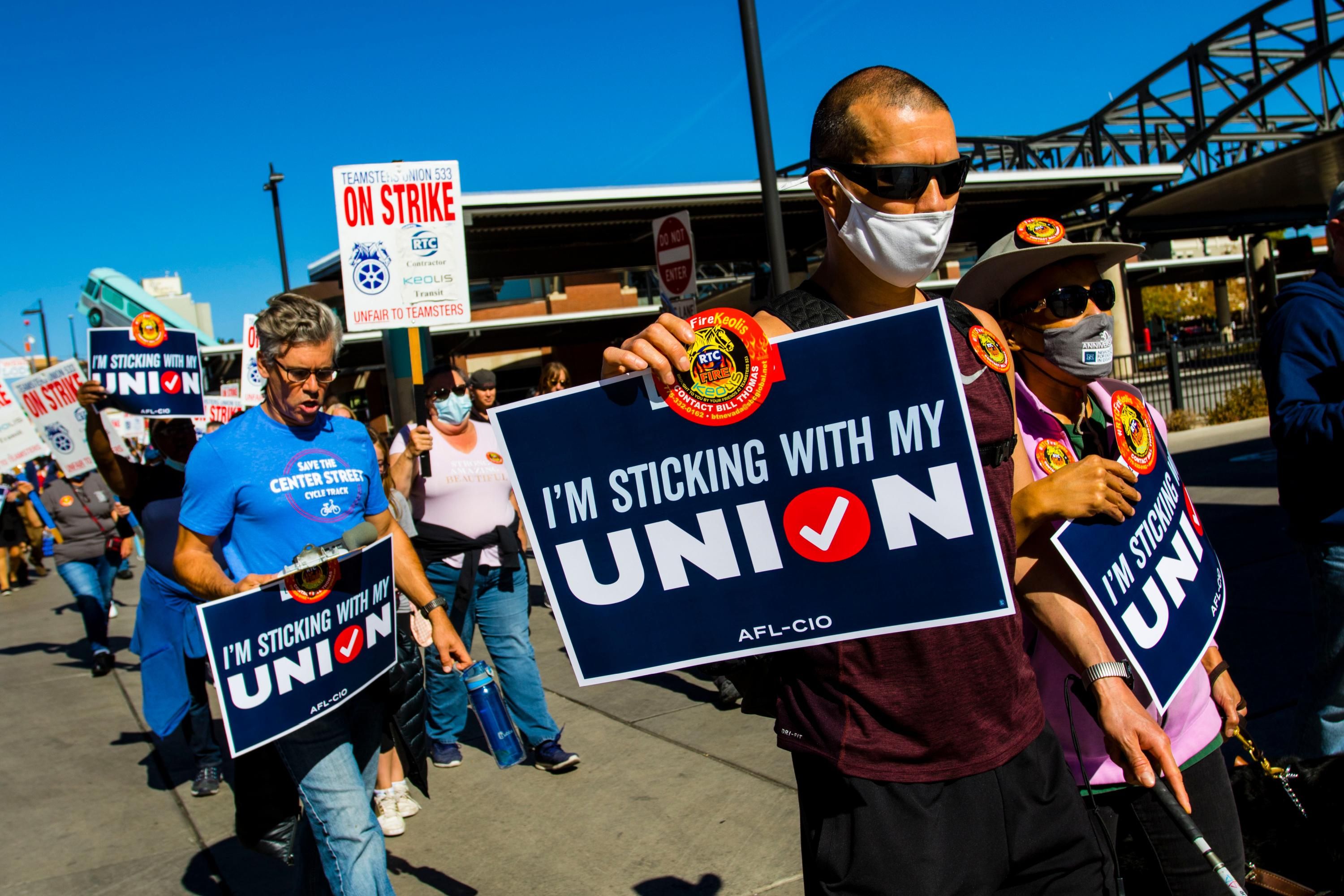 Union members march during a rally