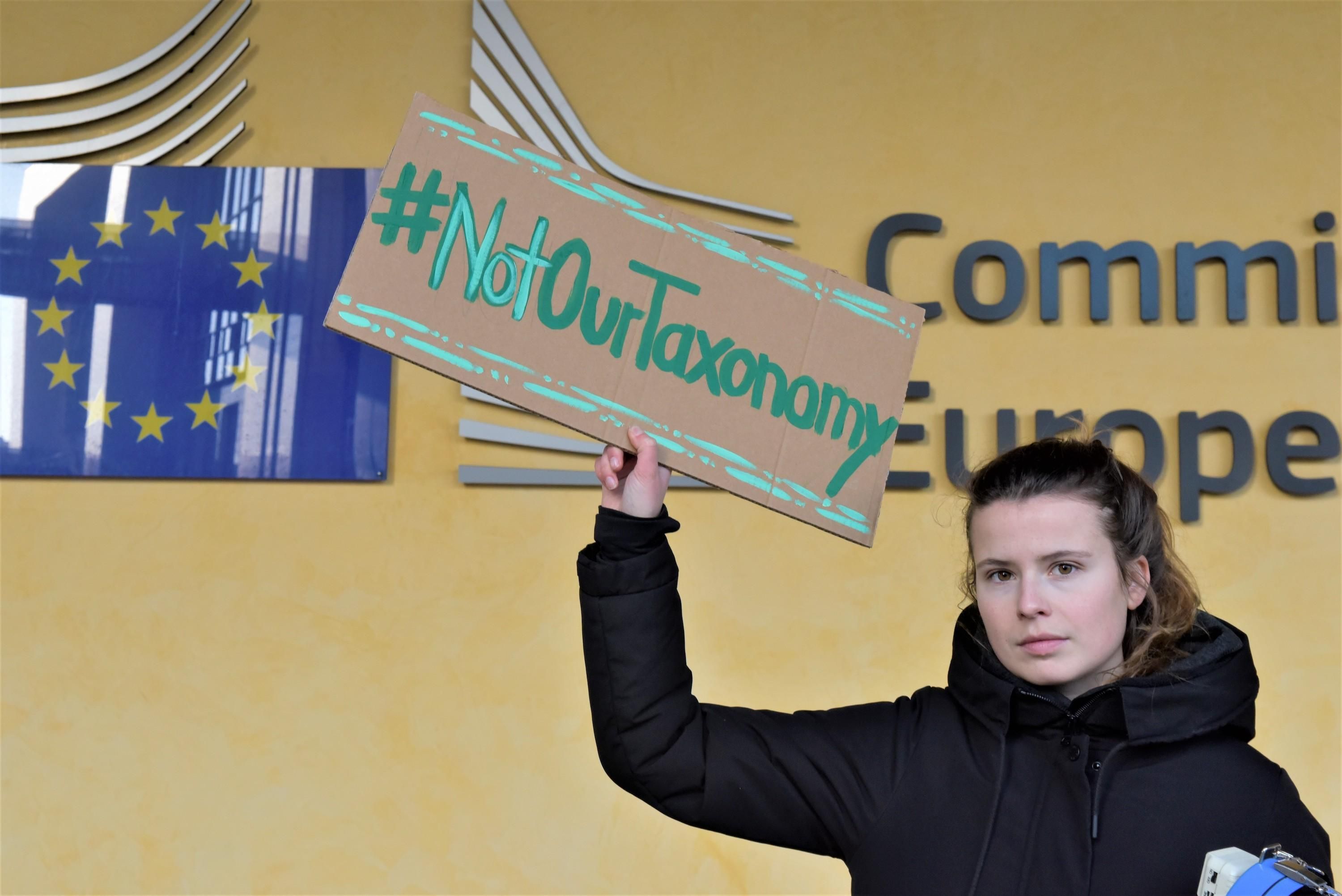 Climate activist Luisa Neubauer stands on the sidelines of a protest against a green E.U. label for nuclear power and gas within the so-called taxonomy in front of the E.U. Commission. (Photo: Marek Majewsky/picture alliance via Getty Images)