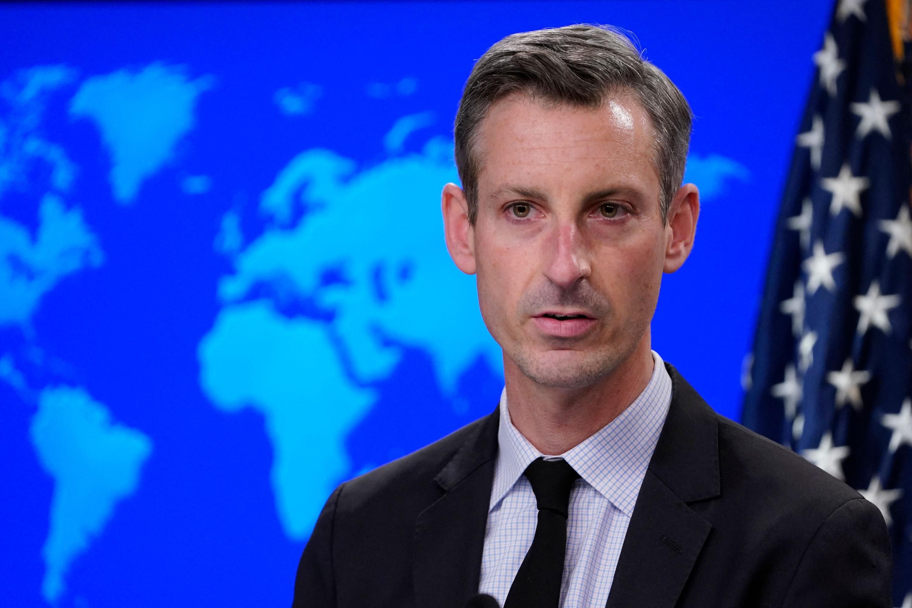 State Department spokesperson Ned Price speaks during a press conference