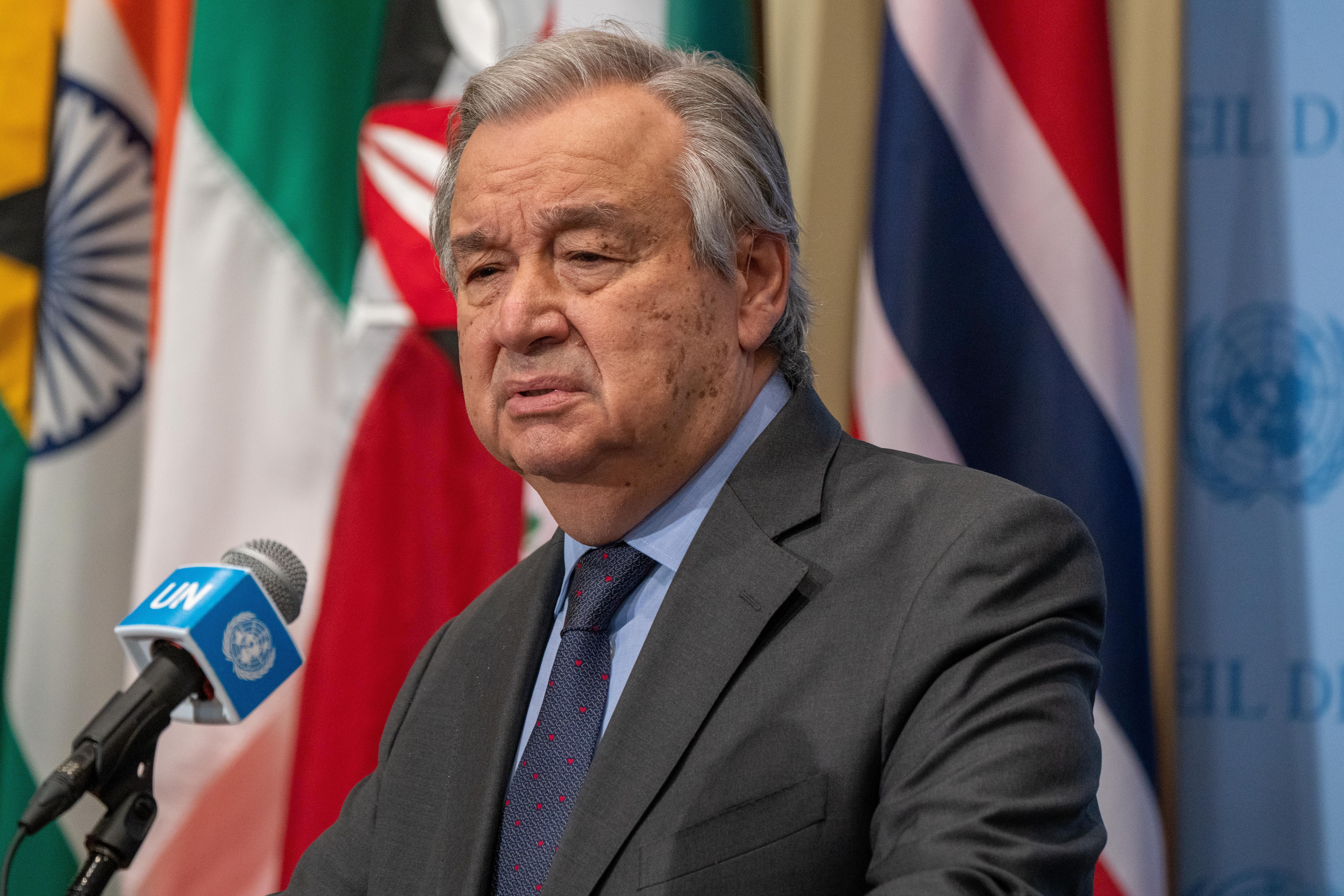 United Nations Secretary-General António Guterres speaks after the U.N. Security Council's emergency meeting to discuss the threat of a full-scale invasion of Ukraine by Russia on February 23, 2022 in New York City.