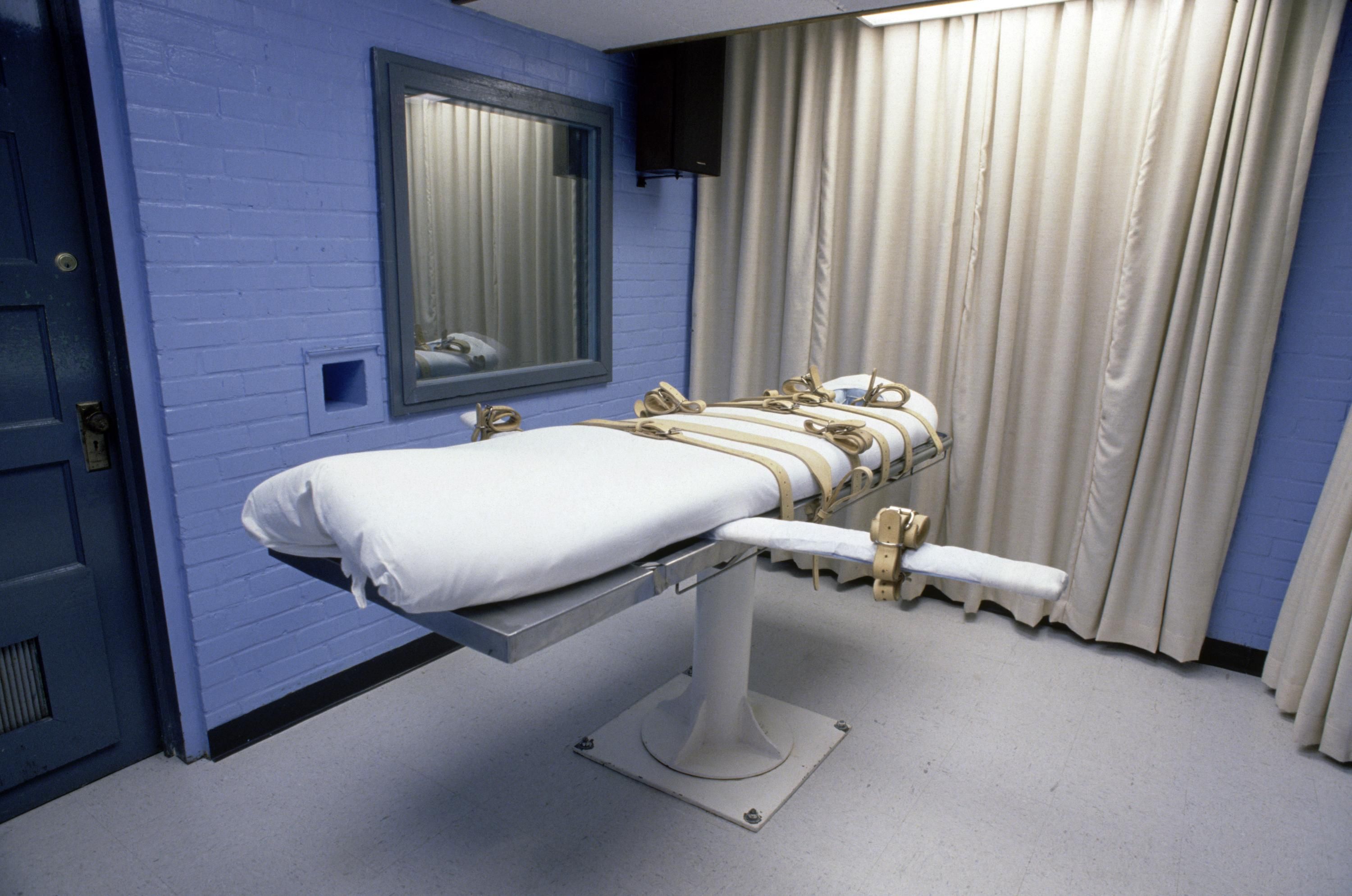 A table fitted with restraints holds down death row prisoners while they are given a lethal injection at Huntsville Unit (Walls Unit) in Huntsville, Texas.