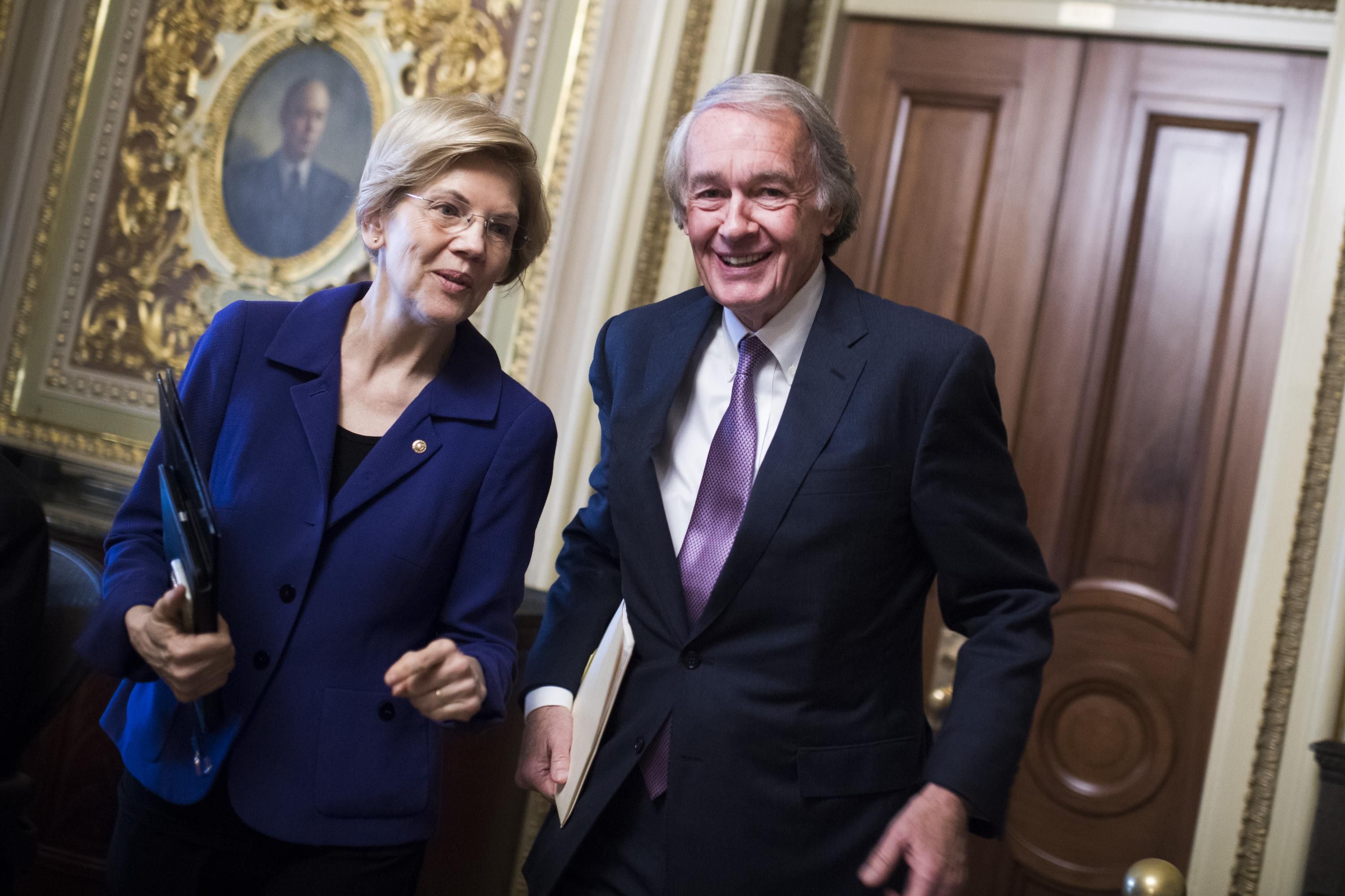 Sens. Ed Markey, D-Mass., and Elizabeth Warren, D-Mass., leave the Senate Policy luncheons in the Capitol on Tuesday, April 2, 2019