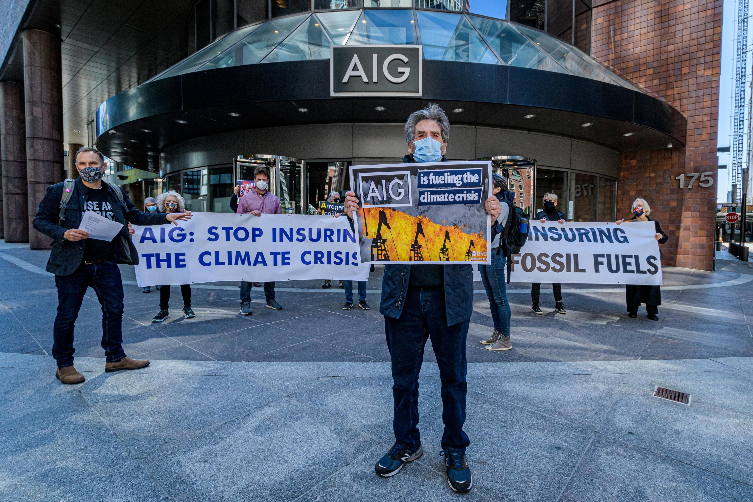 Activists with the Insure Our Future network gathered outside AIG Headquarters in Manhattan during their annual shareholders' meeting on May 12, 2021 to demand that AIG take action on climate change.