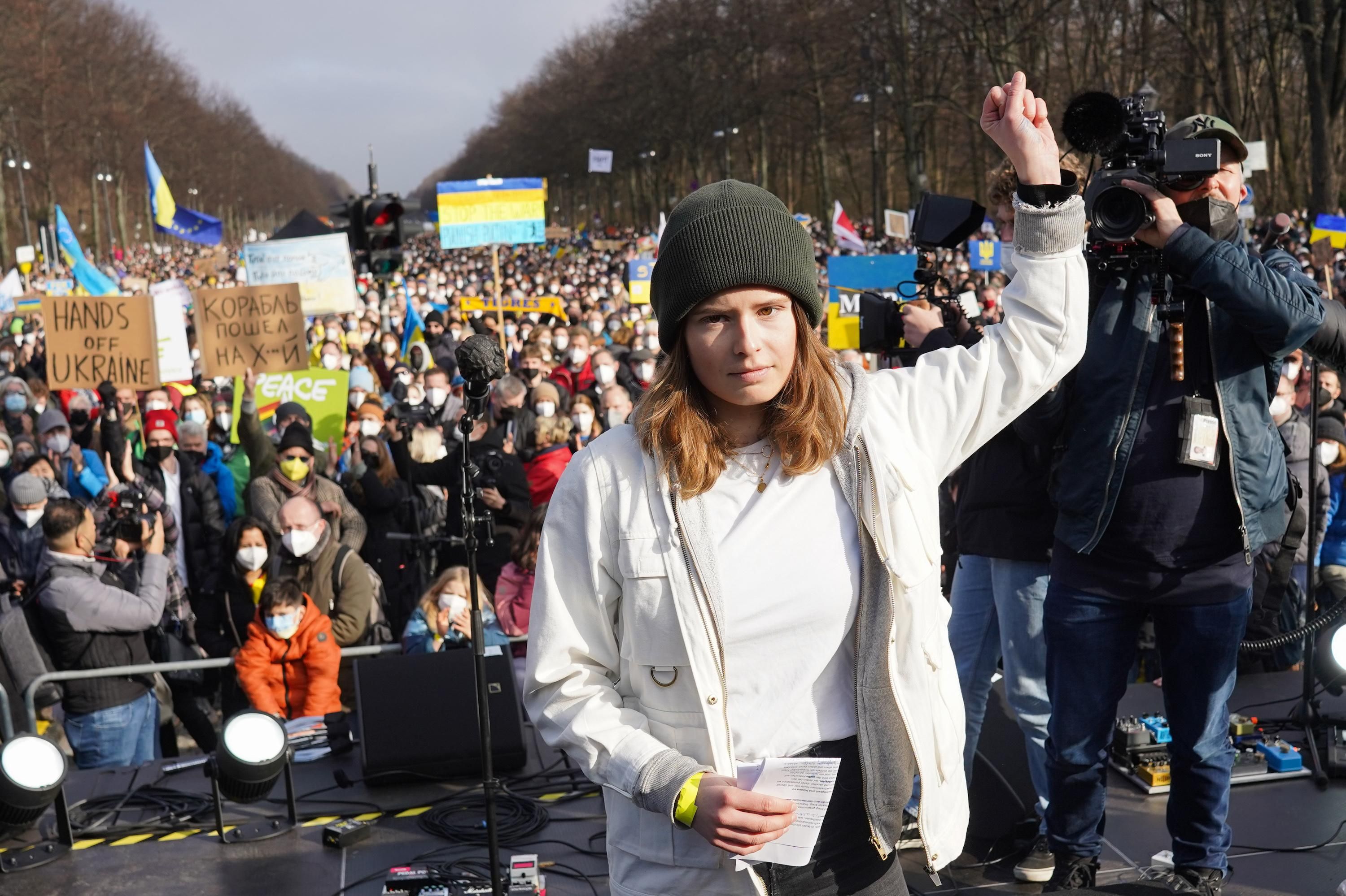 Climate activist Luisa Neubauer turns around after her speech at a demonstration under the slogan "Stop the war! Peace for Ukraine and all of Europe" against the Russian attack on Ukraine on February 27, 2022 in Berlin.