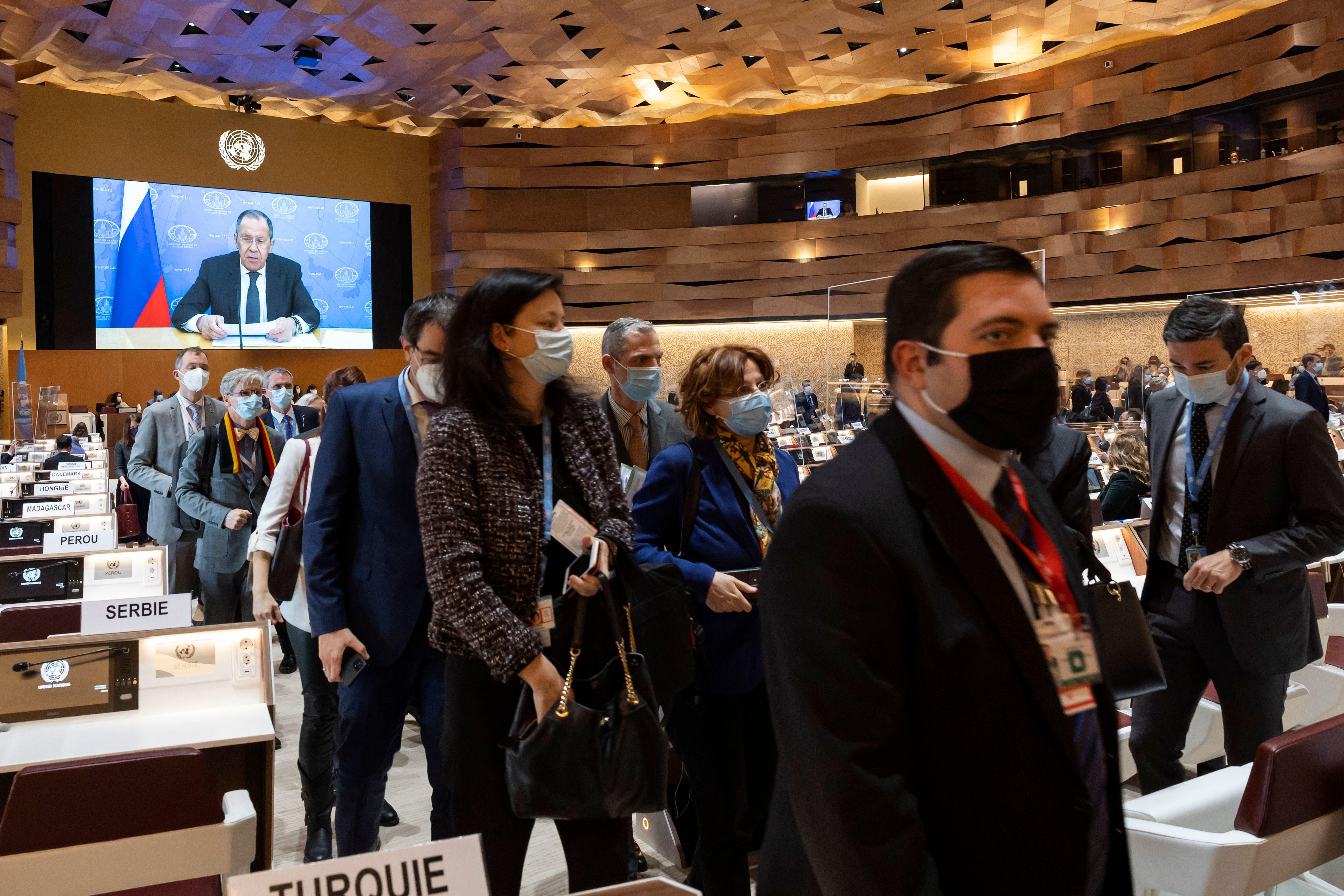 Ambassadors and diplomats protest Moscow's war on Ukraine by walking out while Russian Foreign Minister Sergey Lavrov gives a pre-recorded video message at the 49th session of the United Nations Human Rights Council in Geneva, Switzerland on March 1, 2022.