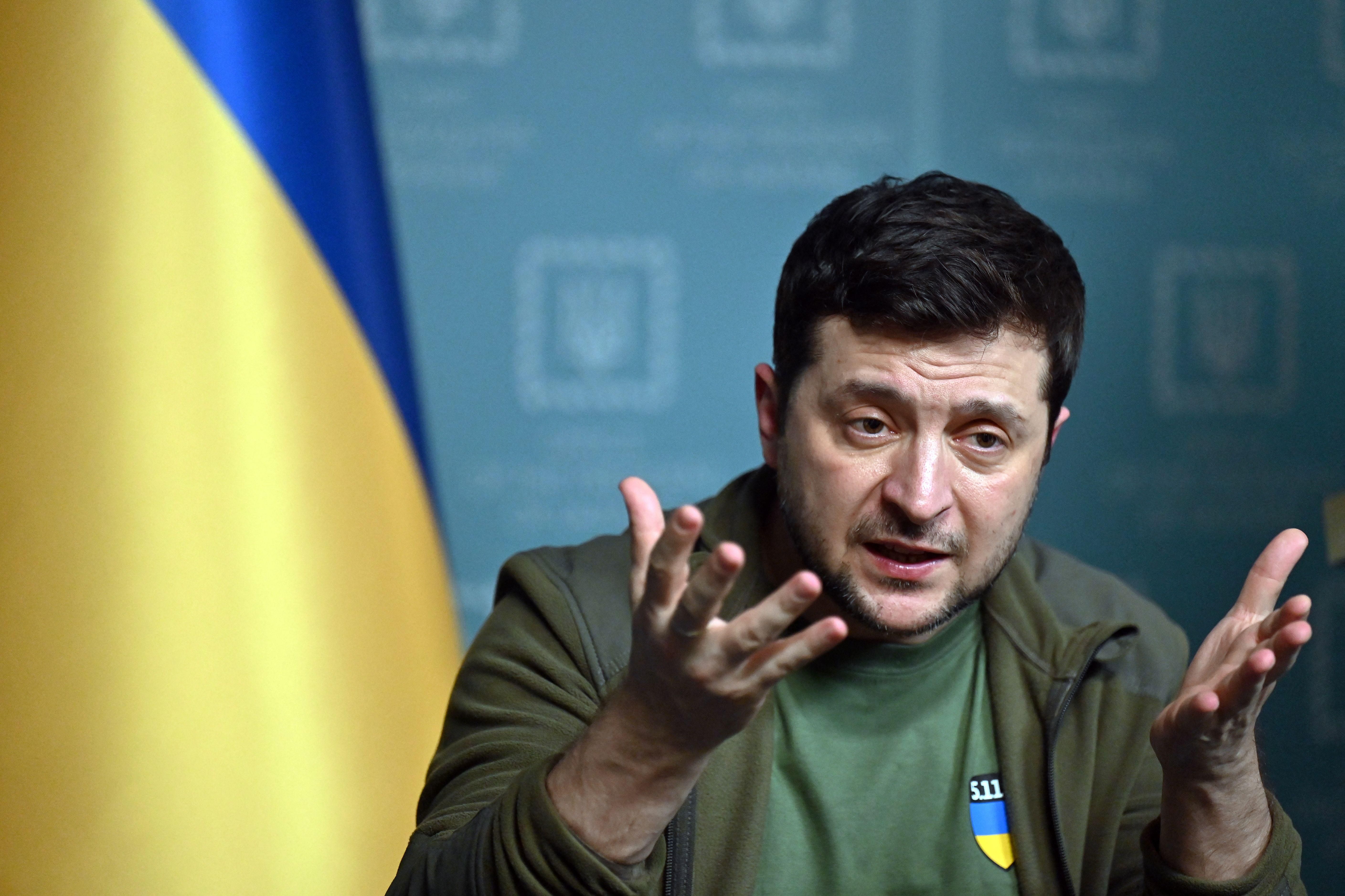 Ukrainian President Volodymyr Zelenskyy speaks during a press conference in Kyiv on March 3, 2022.