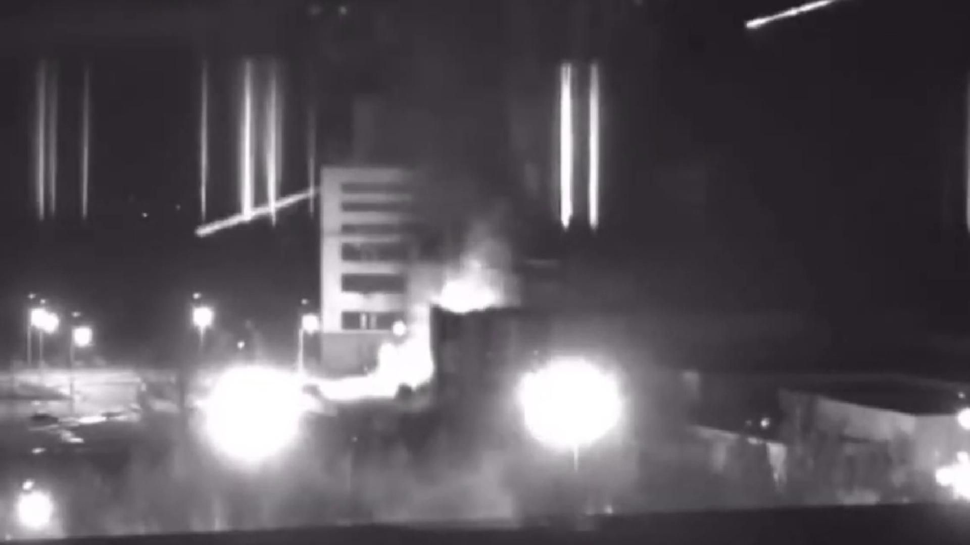 A screengrab shows a fire at Zaporizhizhia nuclear plant