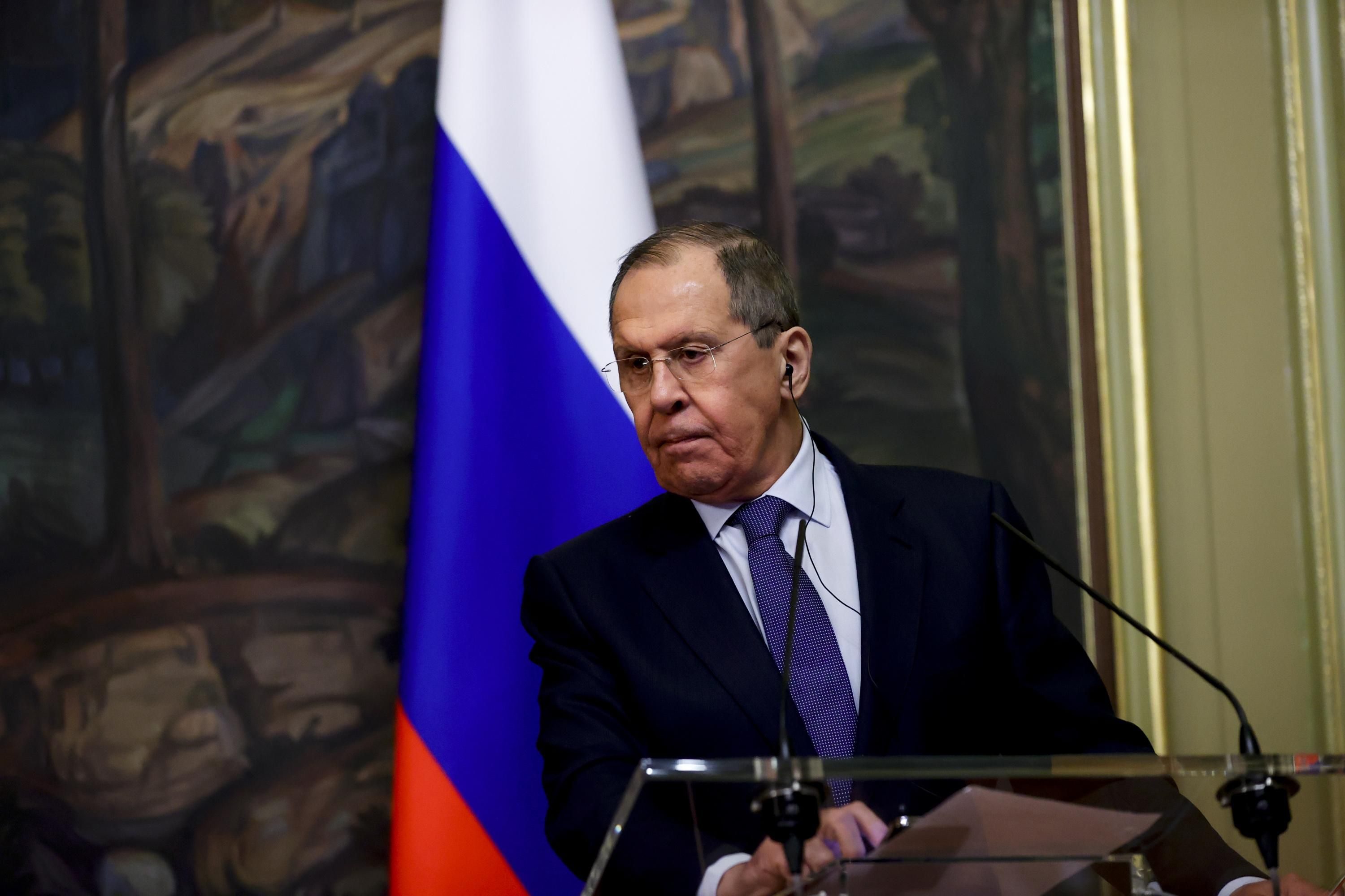 Russian Foreign Minister Sergey Lavrov speaks during a press conference