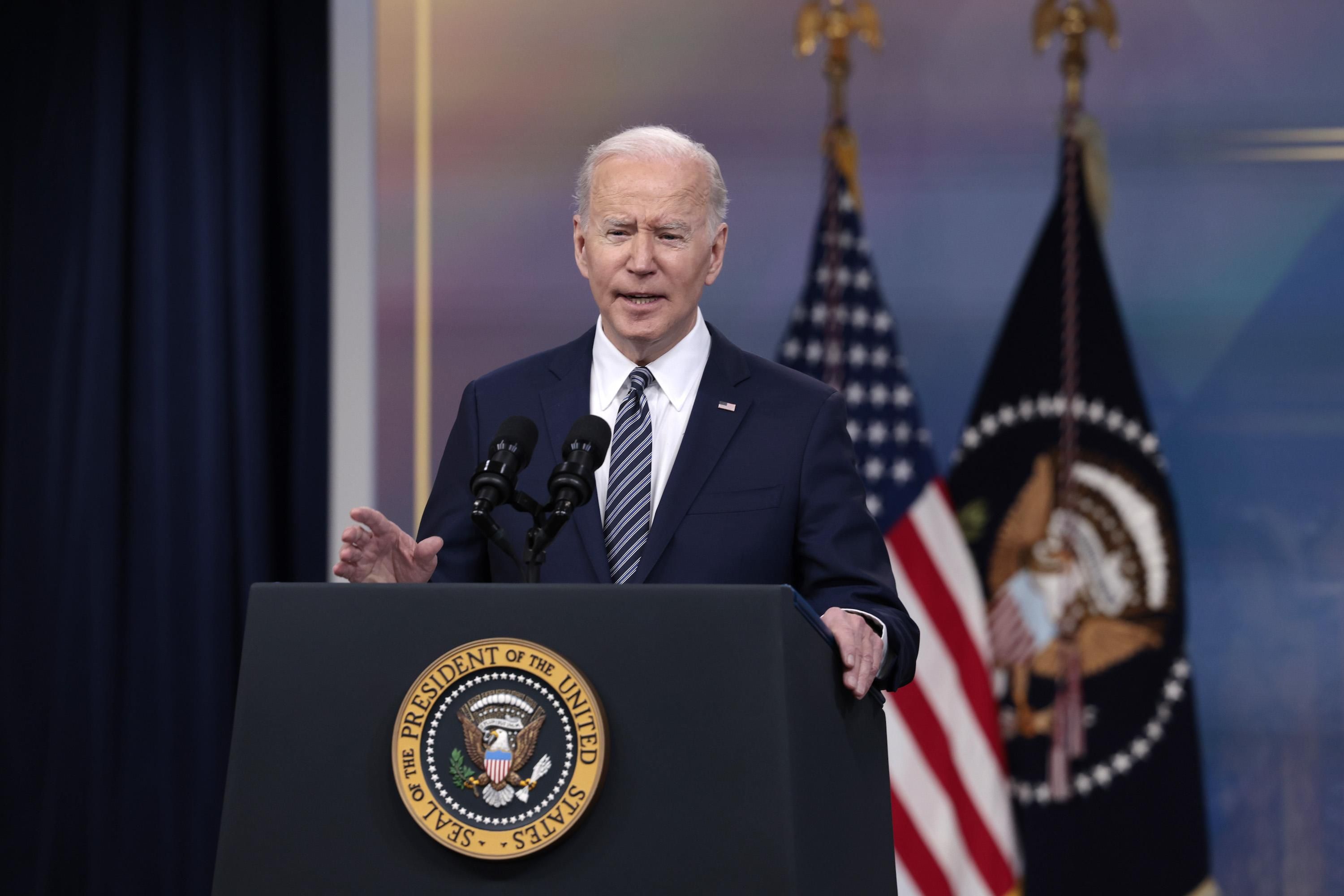 U.S. President Joe Biden delivers remarks on gas prices in the United States from the South Court Auditorium of the White House on March 31, 2022 in Washington, D.C.