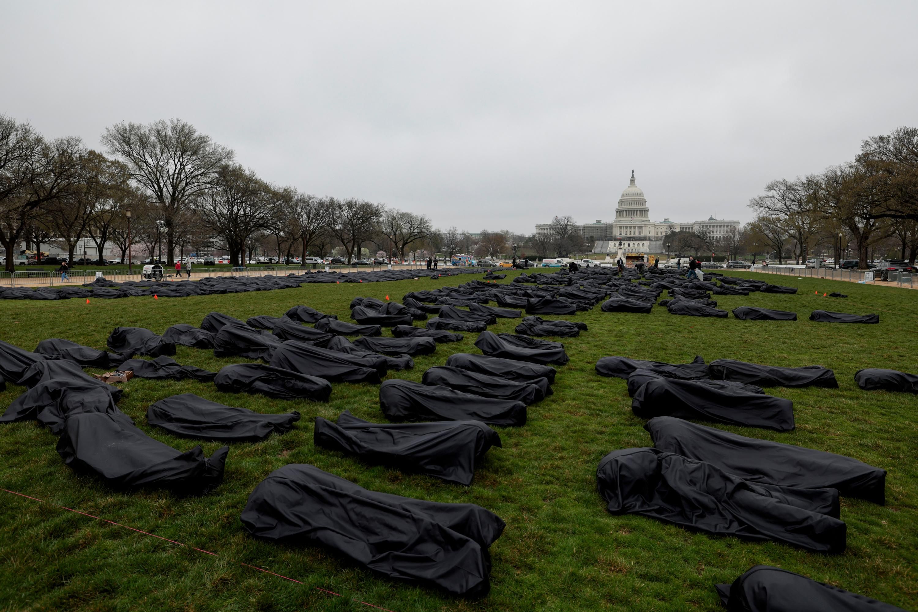 Gun control advocates spell "Thoughts and Prayers" with body bags on Capitol Hill