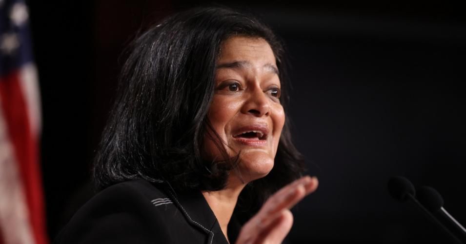 Rep. Pramila Jayapal (D-Wash.) holds a news conference on March 1, 2021 in Washington, D.C.