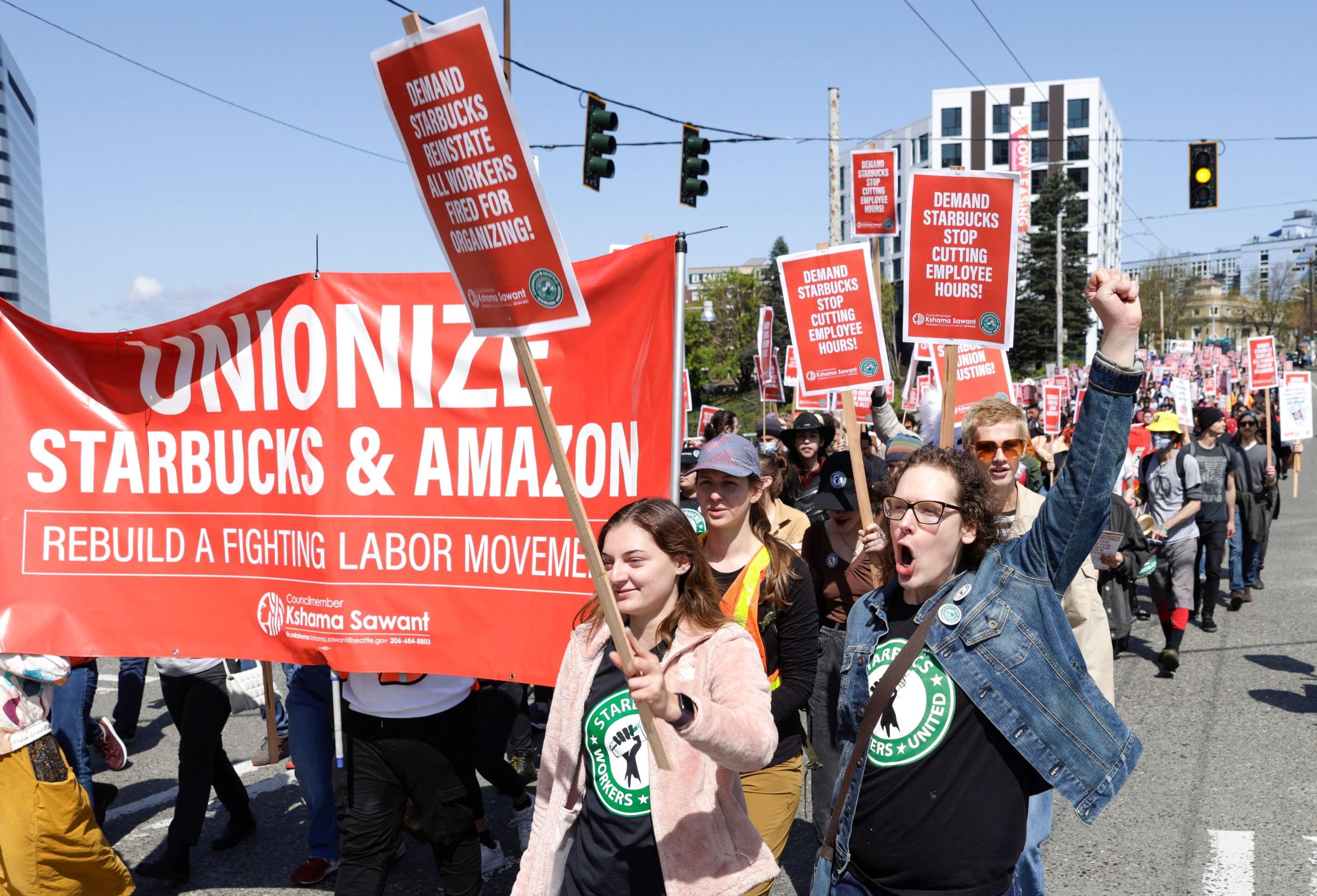 People march during a rally against union-busting