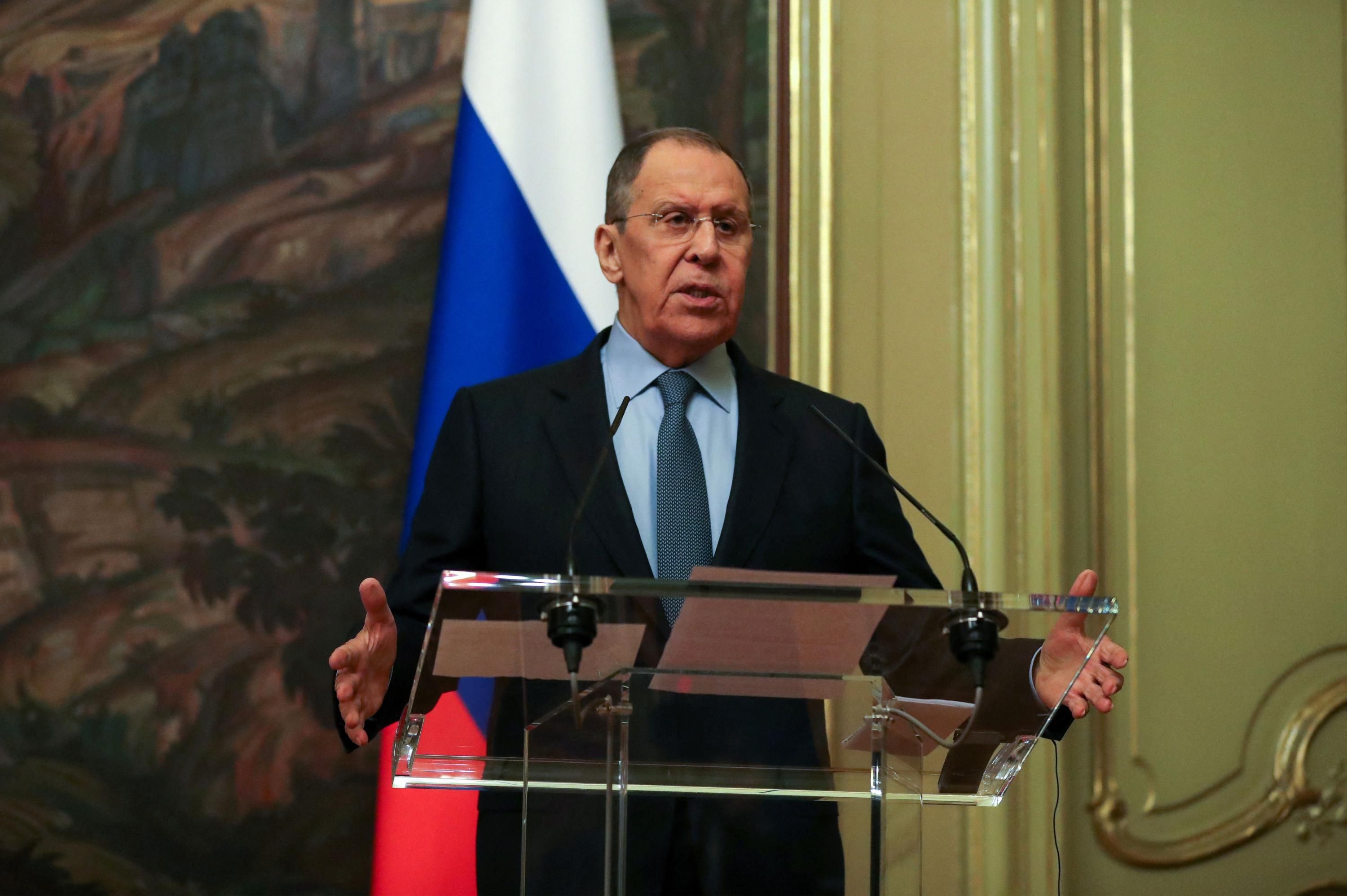 Russian Foreign Minister Sergey Lavrov speaks at a press conference
