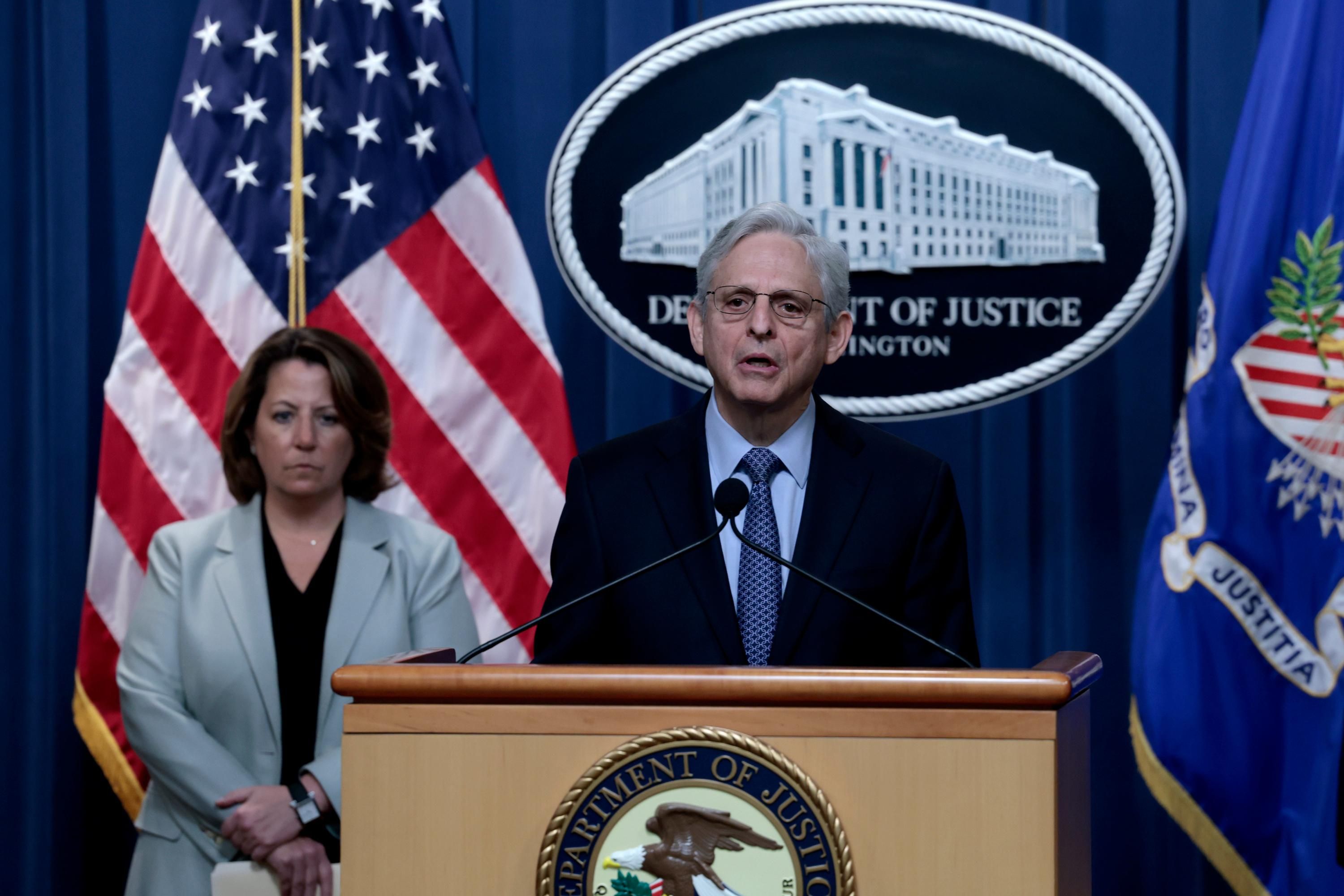 Merrick Garland speaks at a press conference