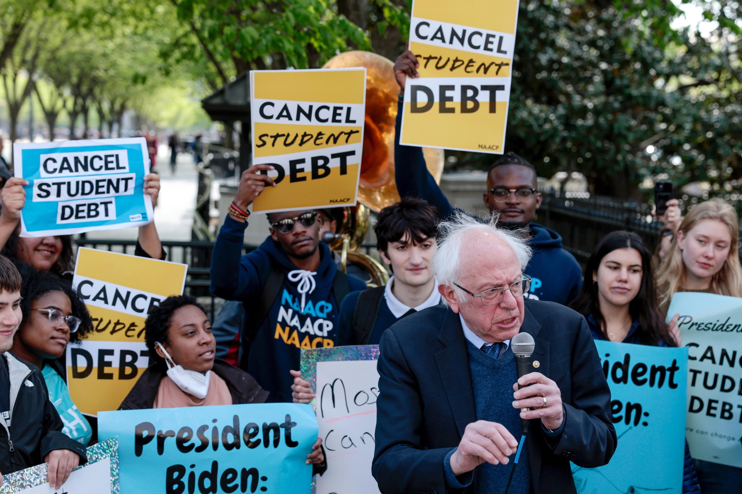 Sen. Bernie Sanders speaks at a student debt cancellation rally