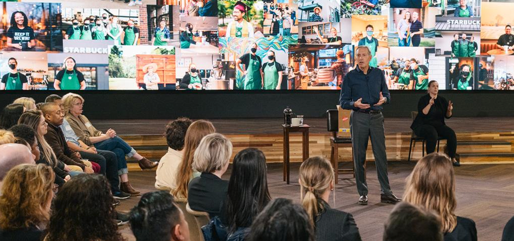 Starbucks CEO Howard Schultz speaks at a town hall