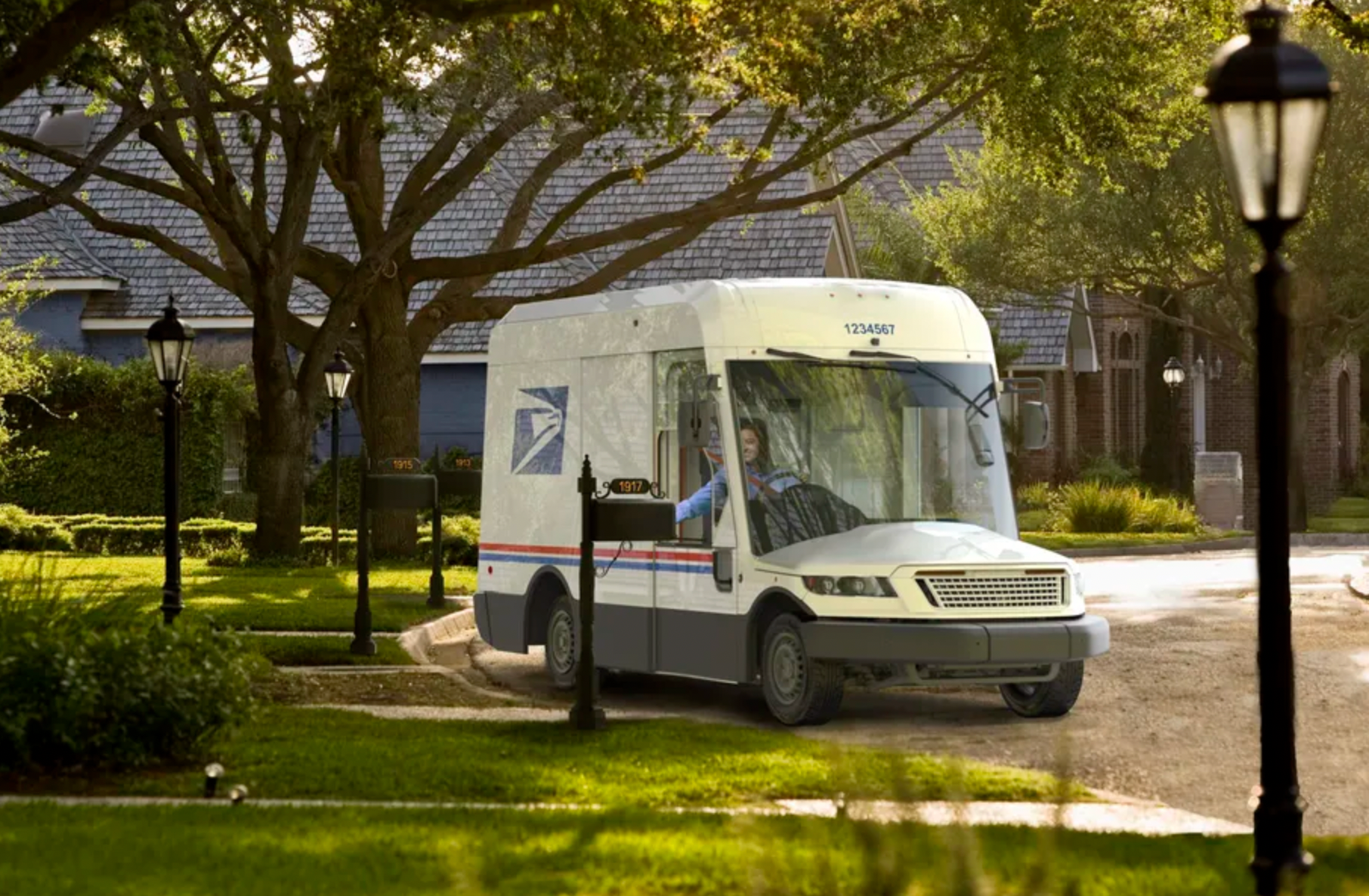 A photo shows an electric USPS delivery truck