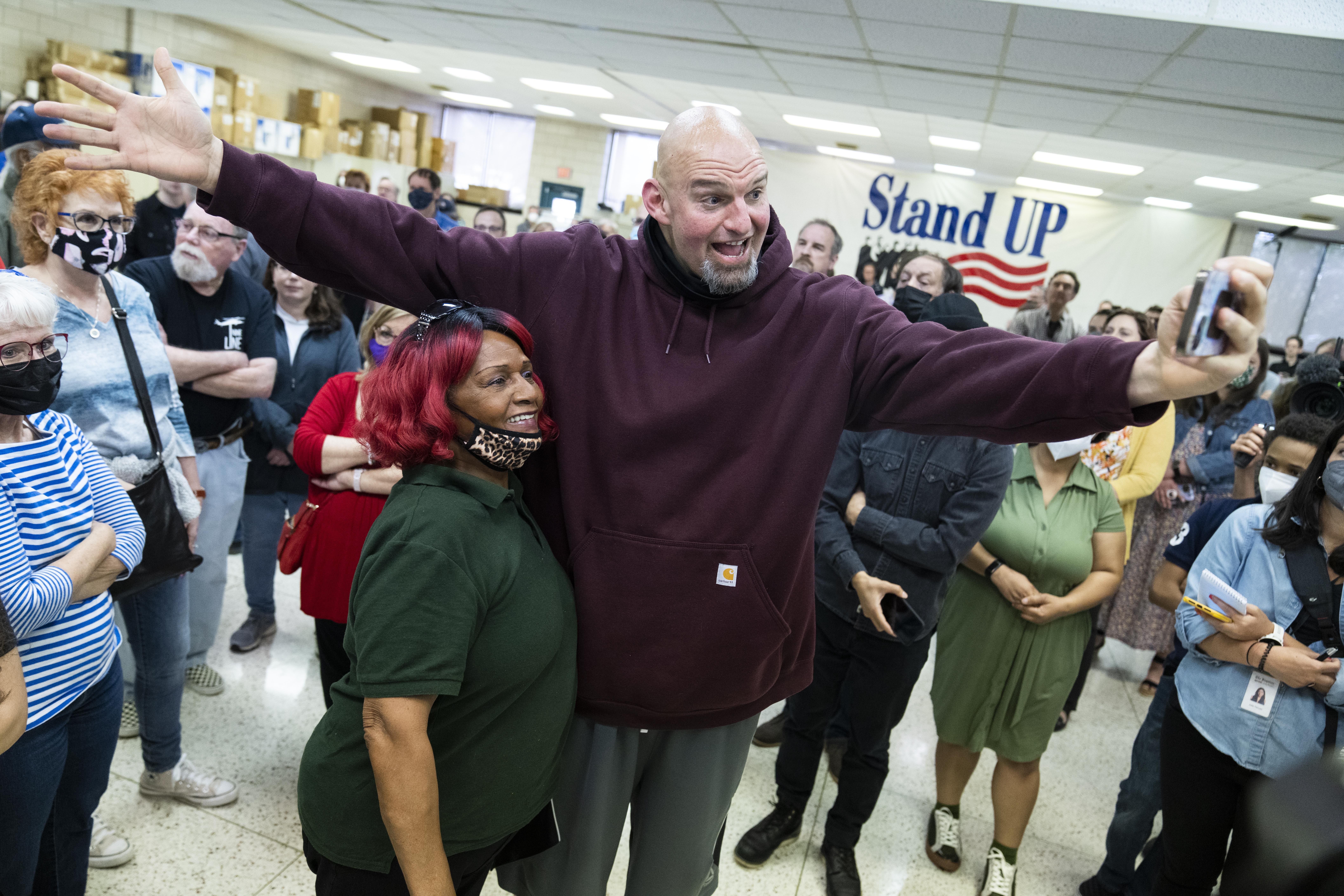 Pennsylvania Lt. Gov. John Fetterman (D) greets supporters while campaigning for U.S. Senate at the UFCW Local 1776 KS headquarters in Plymouth Meeting on April 16, 2022.