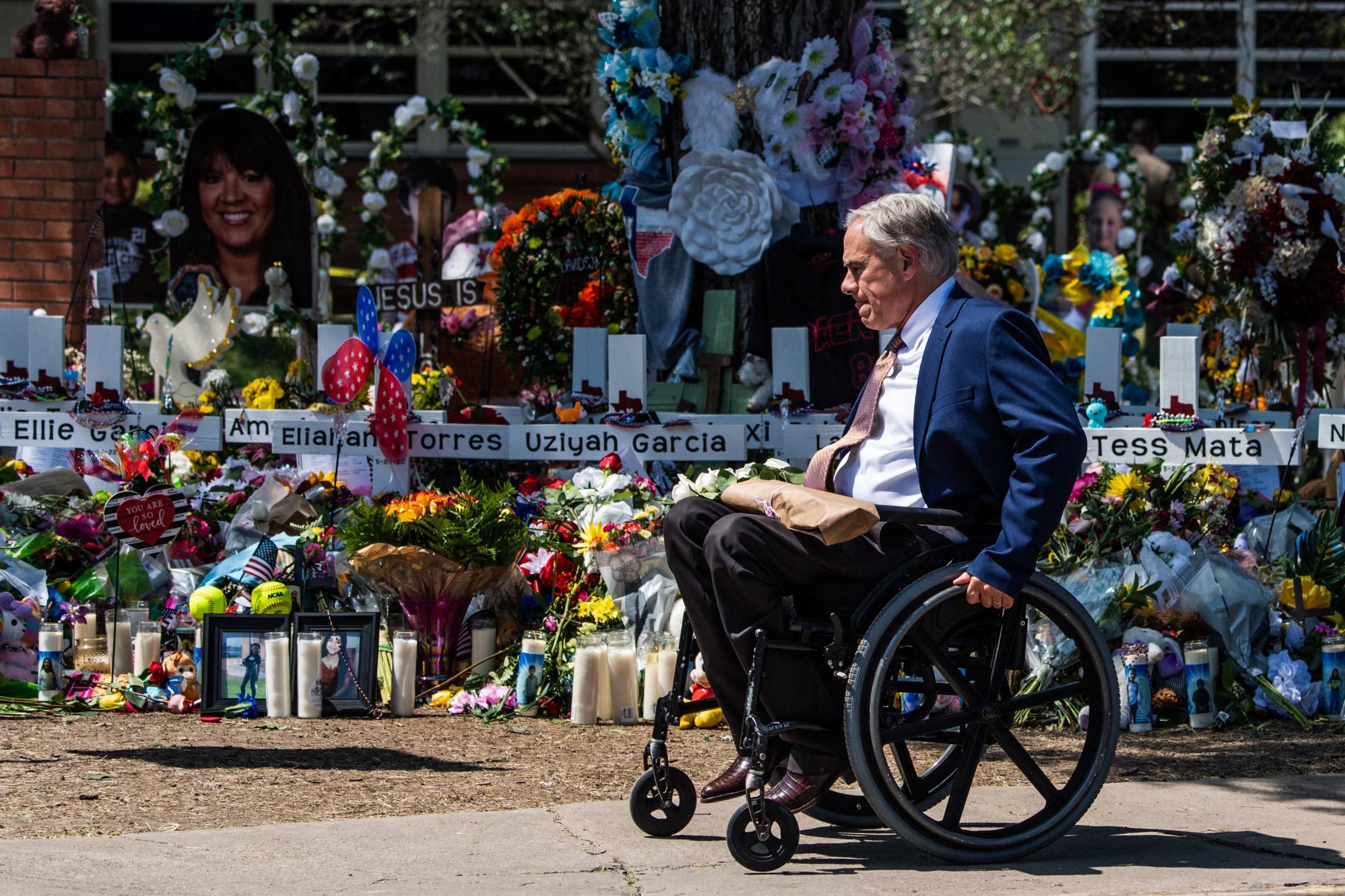 Texas Gov. Greg Abbott arrives at a memorial service in Uvalde