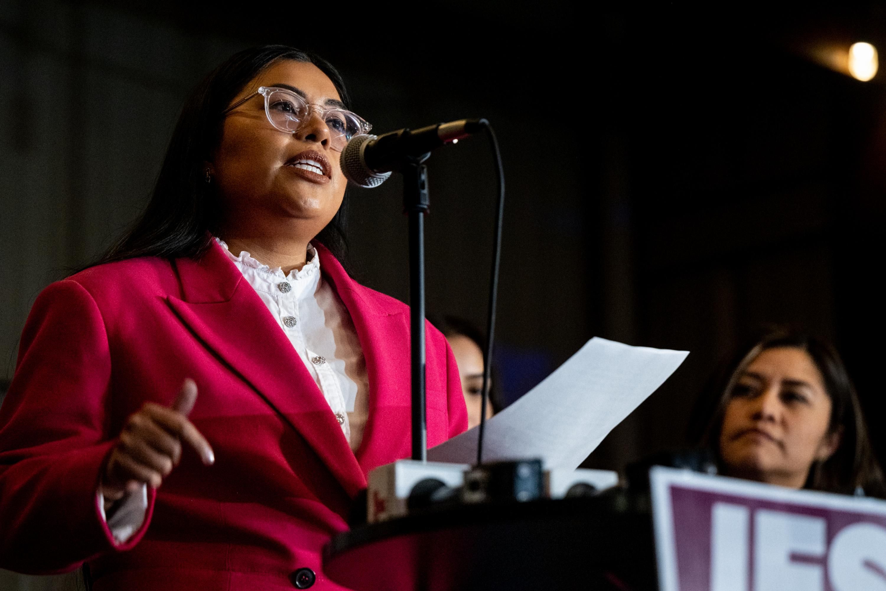 Progressive congressional candidate Jessica Cisneros speaks at an event