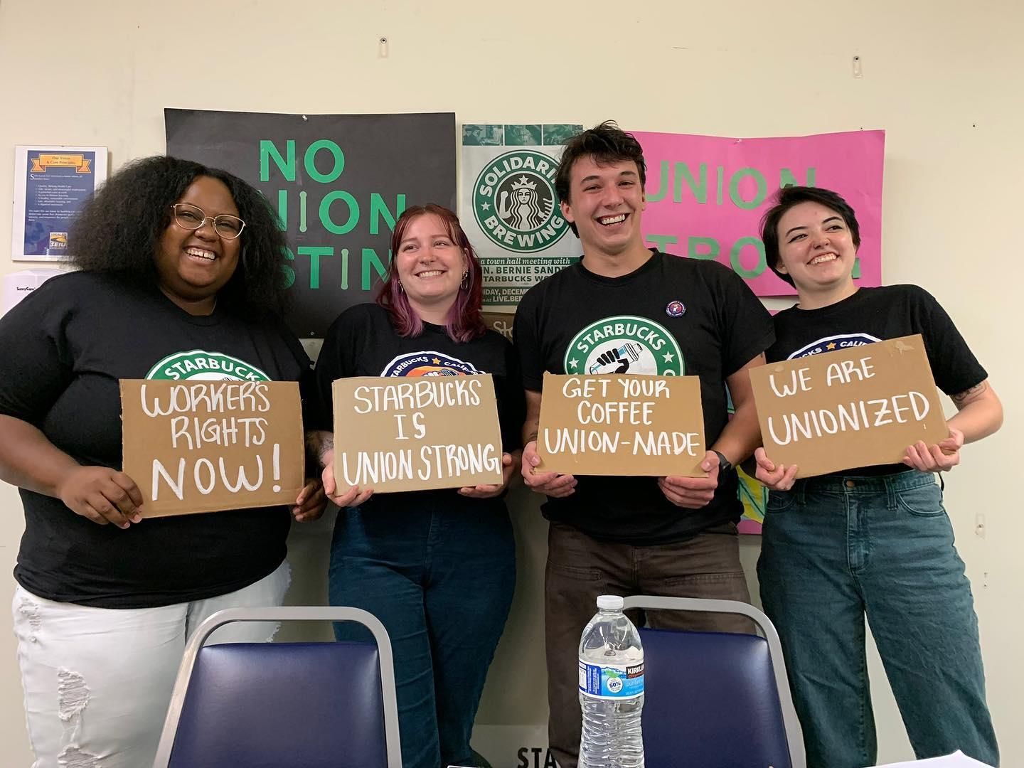Starbucks workers in California celebrate after voting to unionize