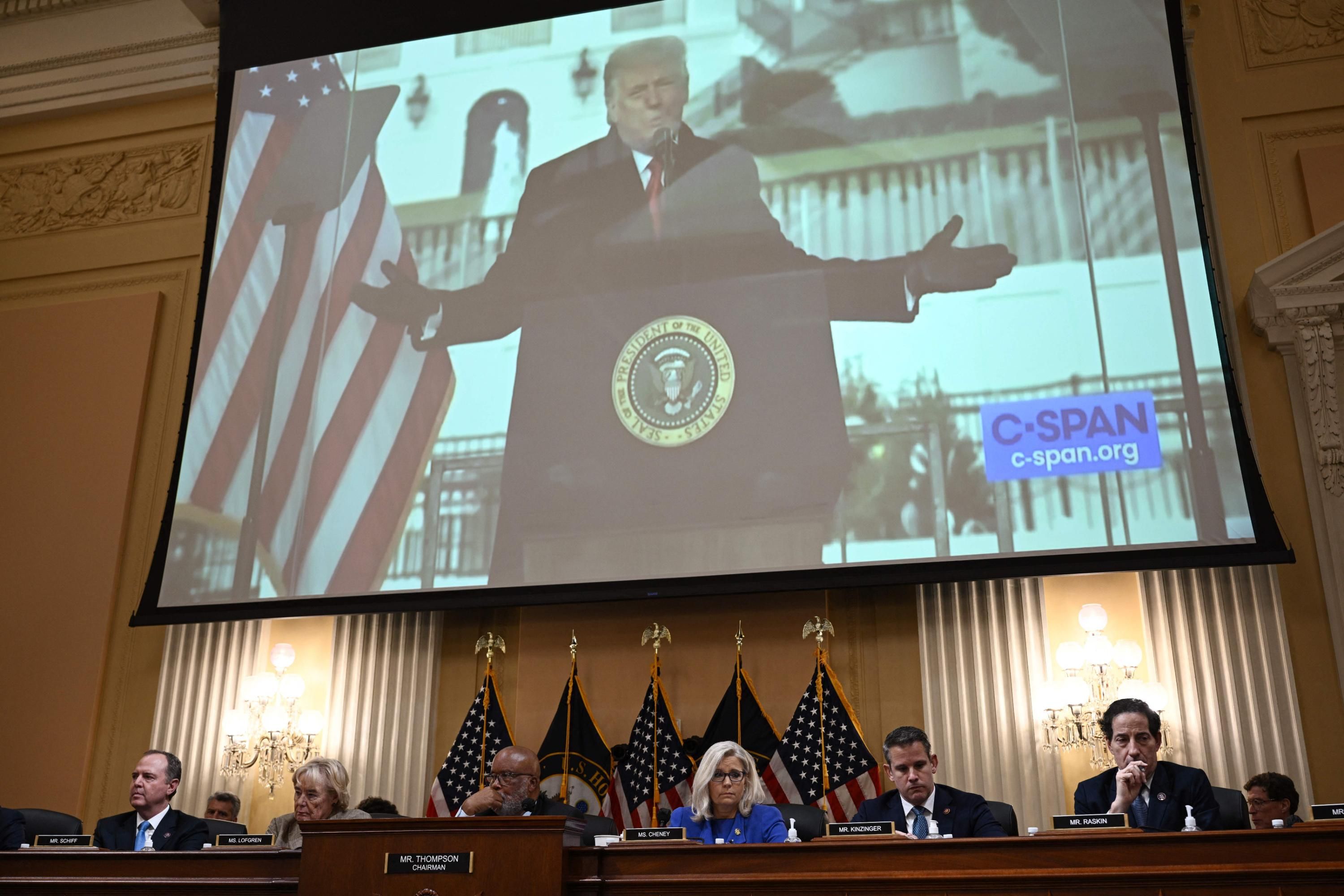 A clip of Trump speaking on January 6, 2021 is shown during a hearing