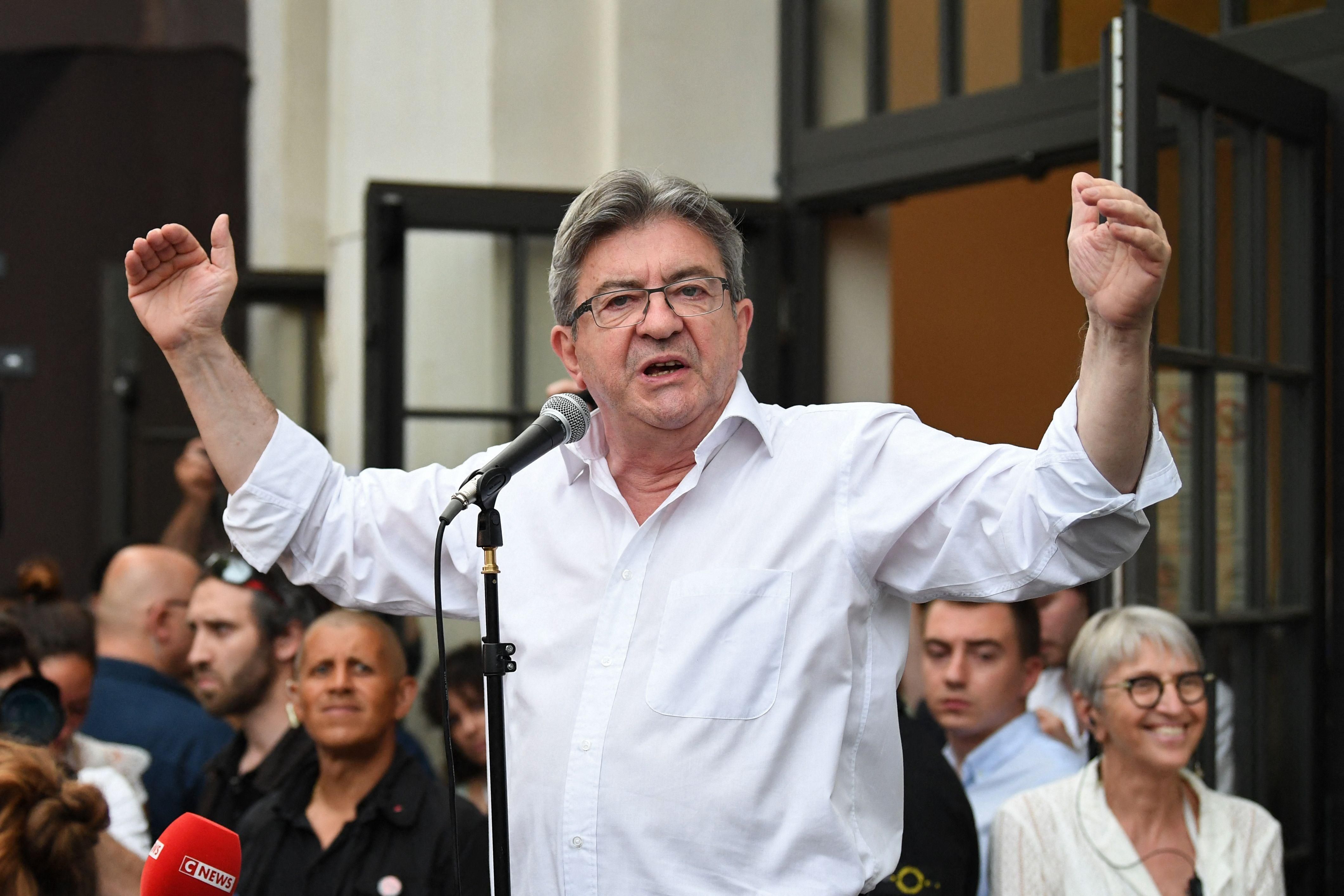 Left-wing MP Jean-Luc Mélenchon, leader of the New Ecologic and Social People's Union, delivers a speech in Paris on June 19, 2022 after initial results came in during the second round of France's parliamentary elections.