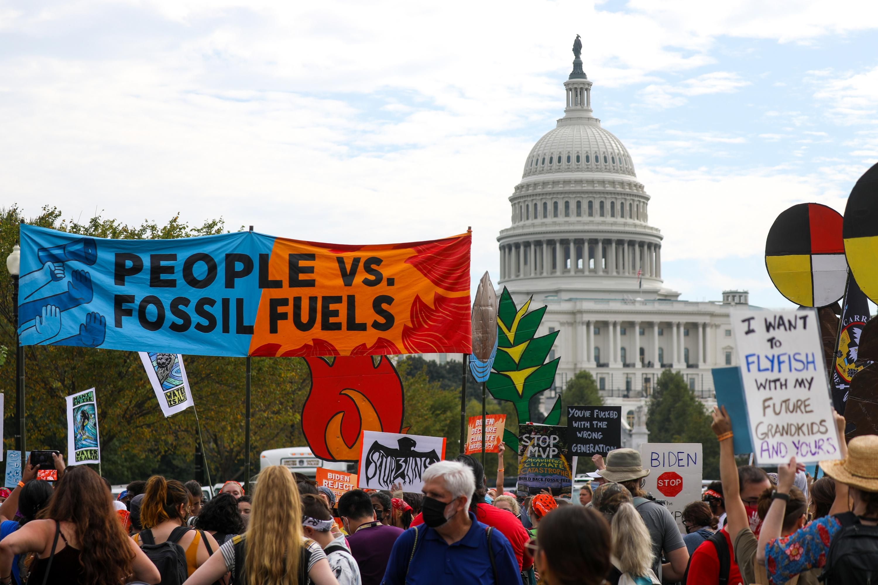 Demonstrators protest fossil fuels in Washington, D.C. 