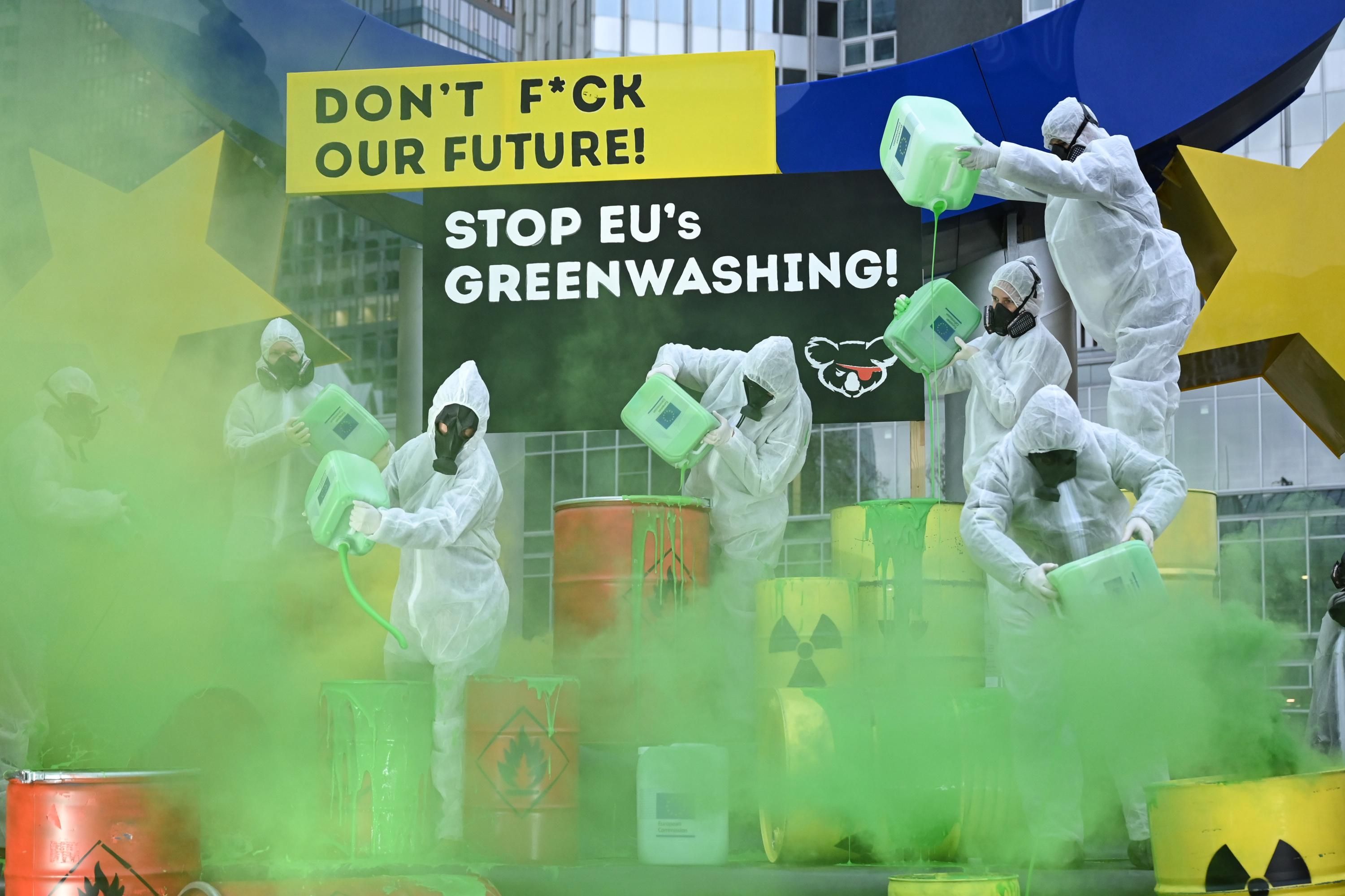 Demonstrators protest against E.U. greenwashing