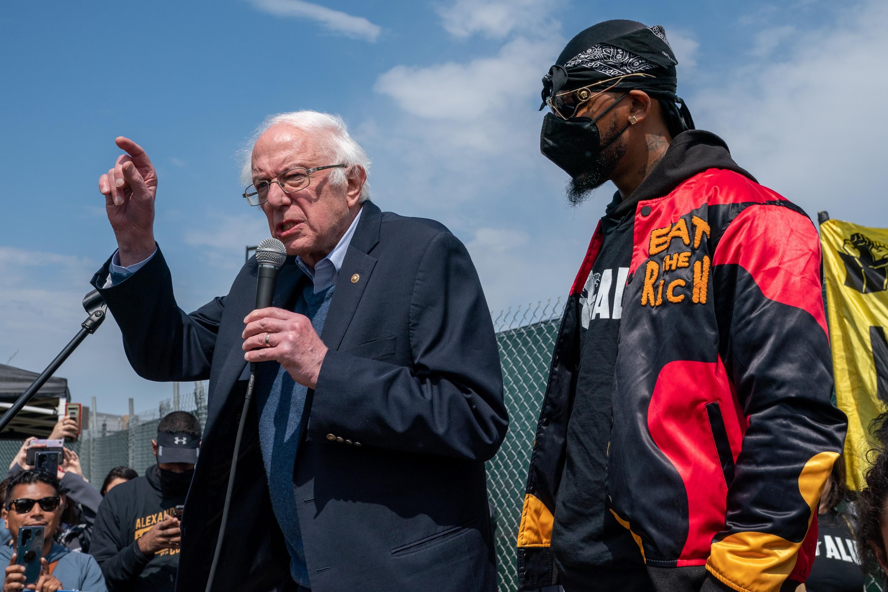 Sen. Bernie Sanders speaks at a rally with Amazon workers and union leaders
