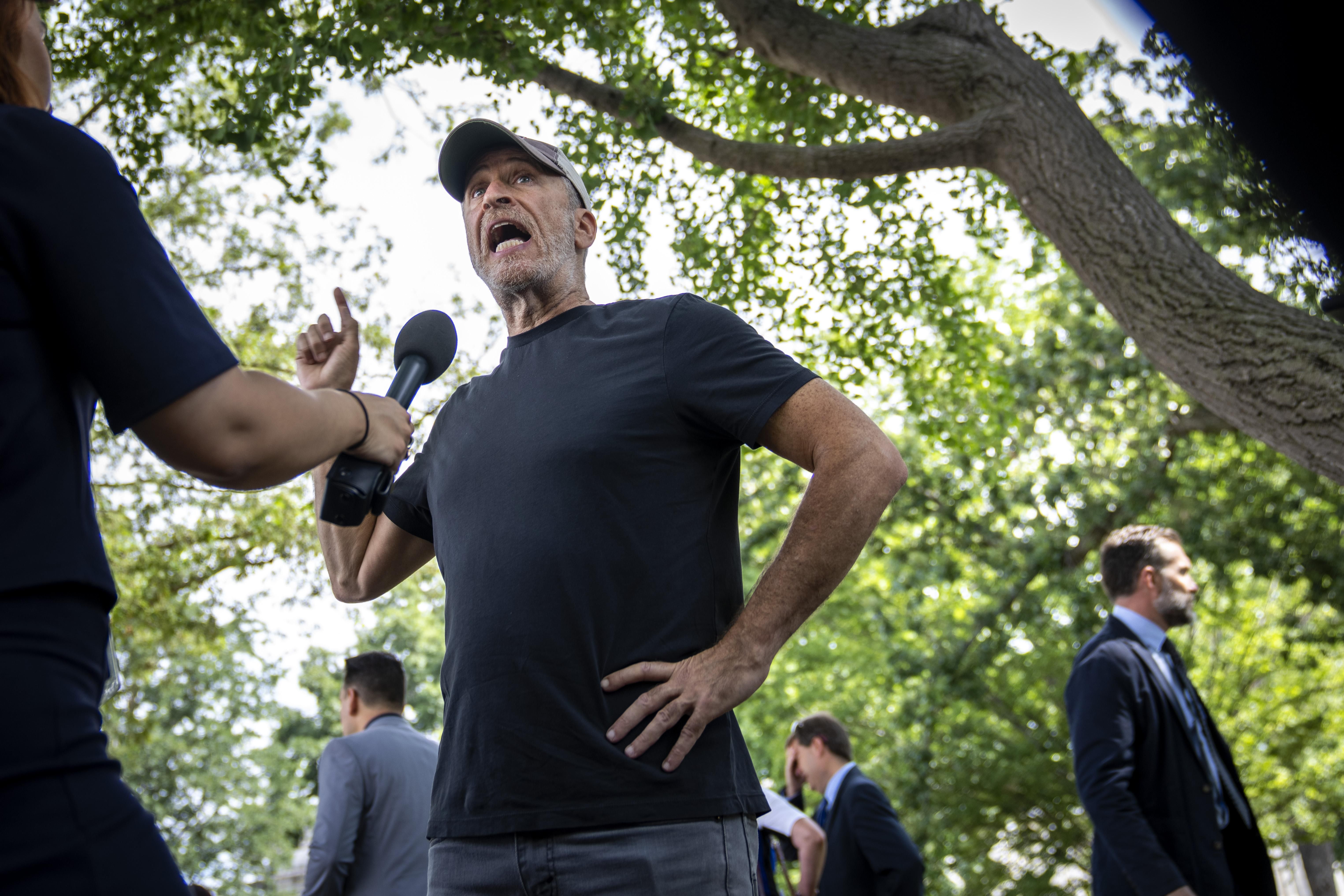 Jon Stewart speaks to the press before a news conference about the Honoring Our Promise to Address Comprehensive Toxics Act on July 28, 2022 in Washington, D.C.