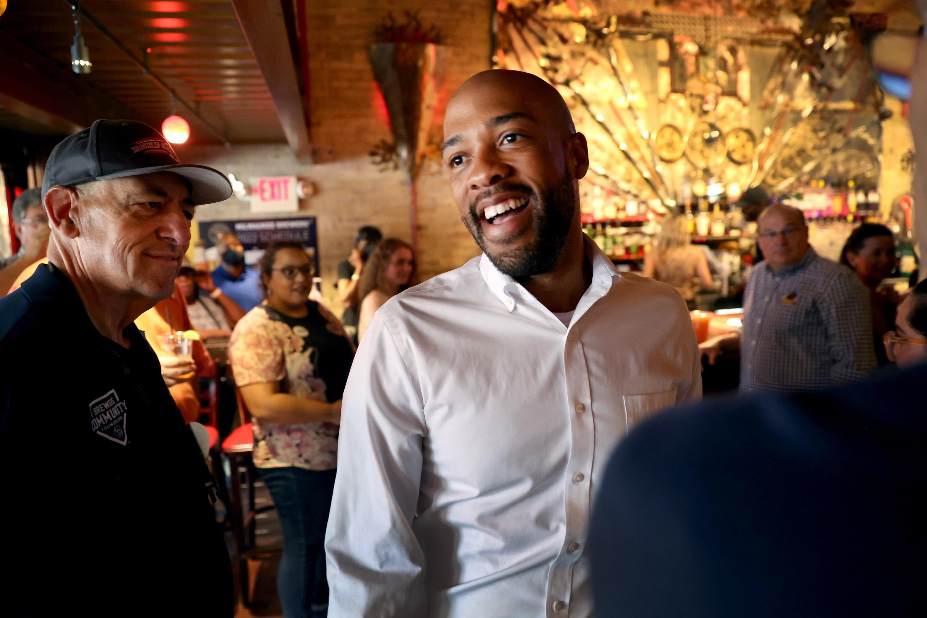 Wisconsin Lt. Gov. Mandela Barnes greets guests at a campaign event