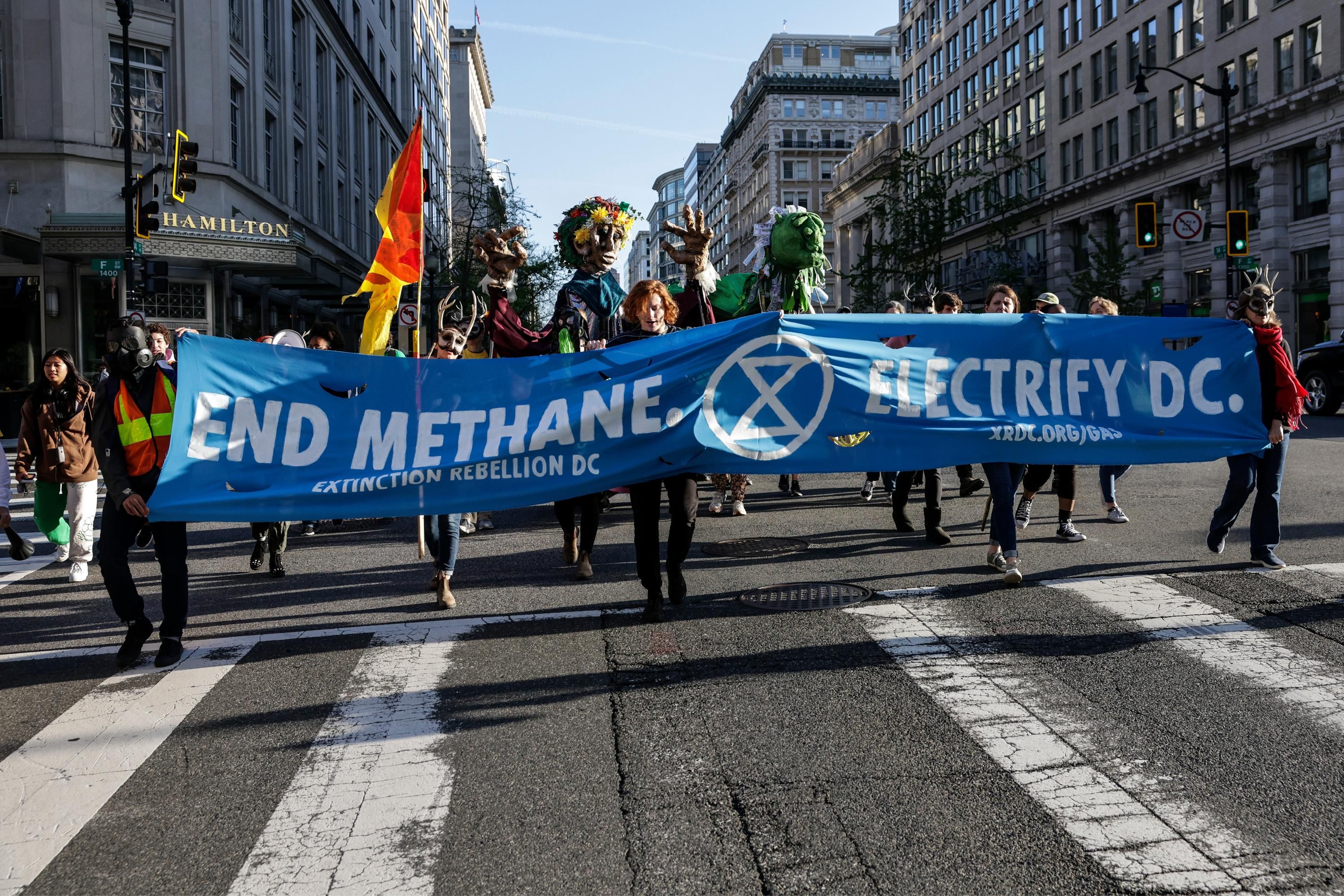 Protesters hold "End Methane" sign at a march in Washington DC
