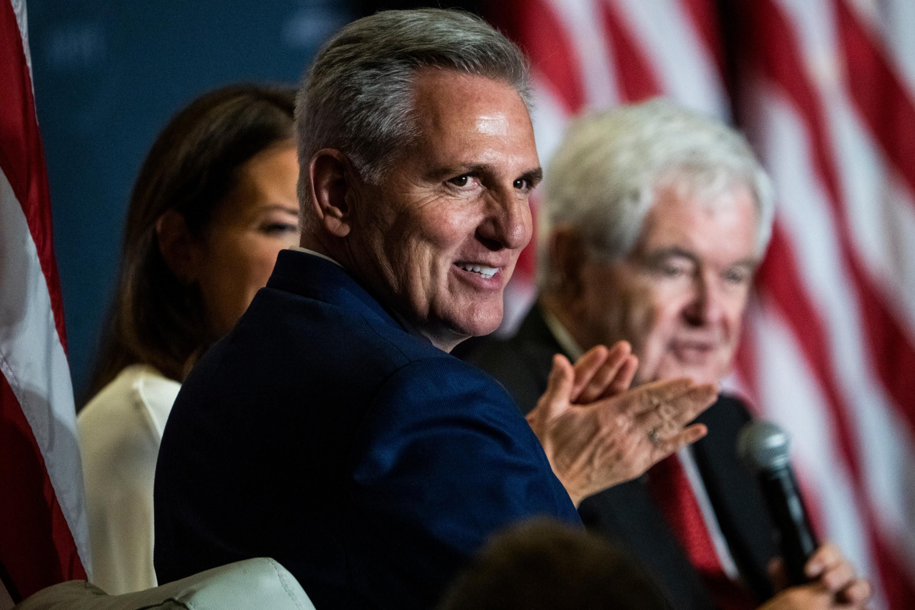 House Minority Leader Kevin McCarthy participates in an event with Newt Gingrich