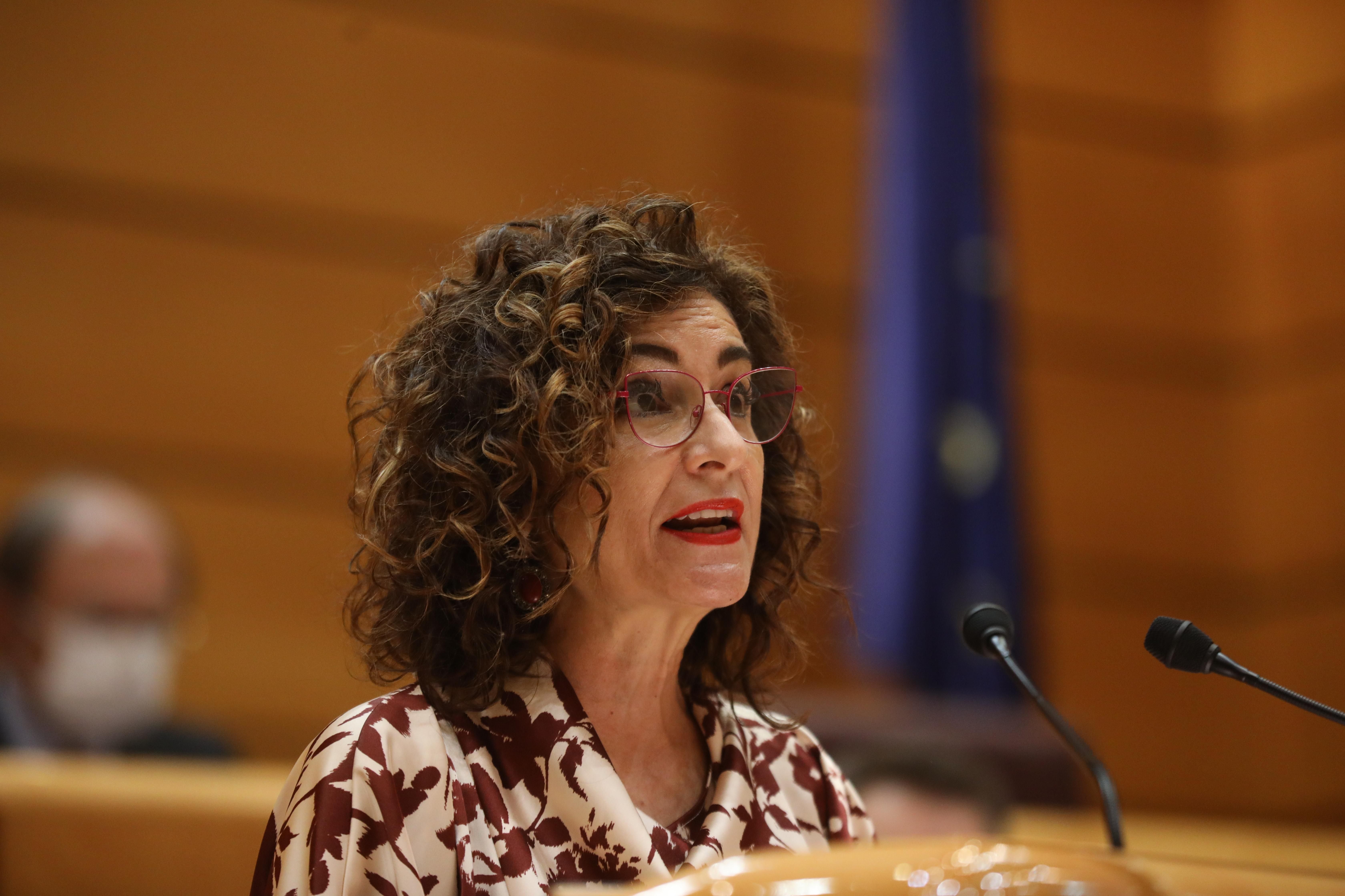 Spanish Finance Minister María Jesús Montero addresses the senate on December 9, 2021 in Madrid.