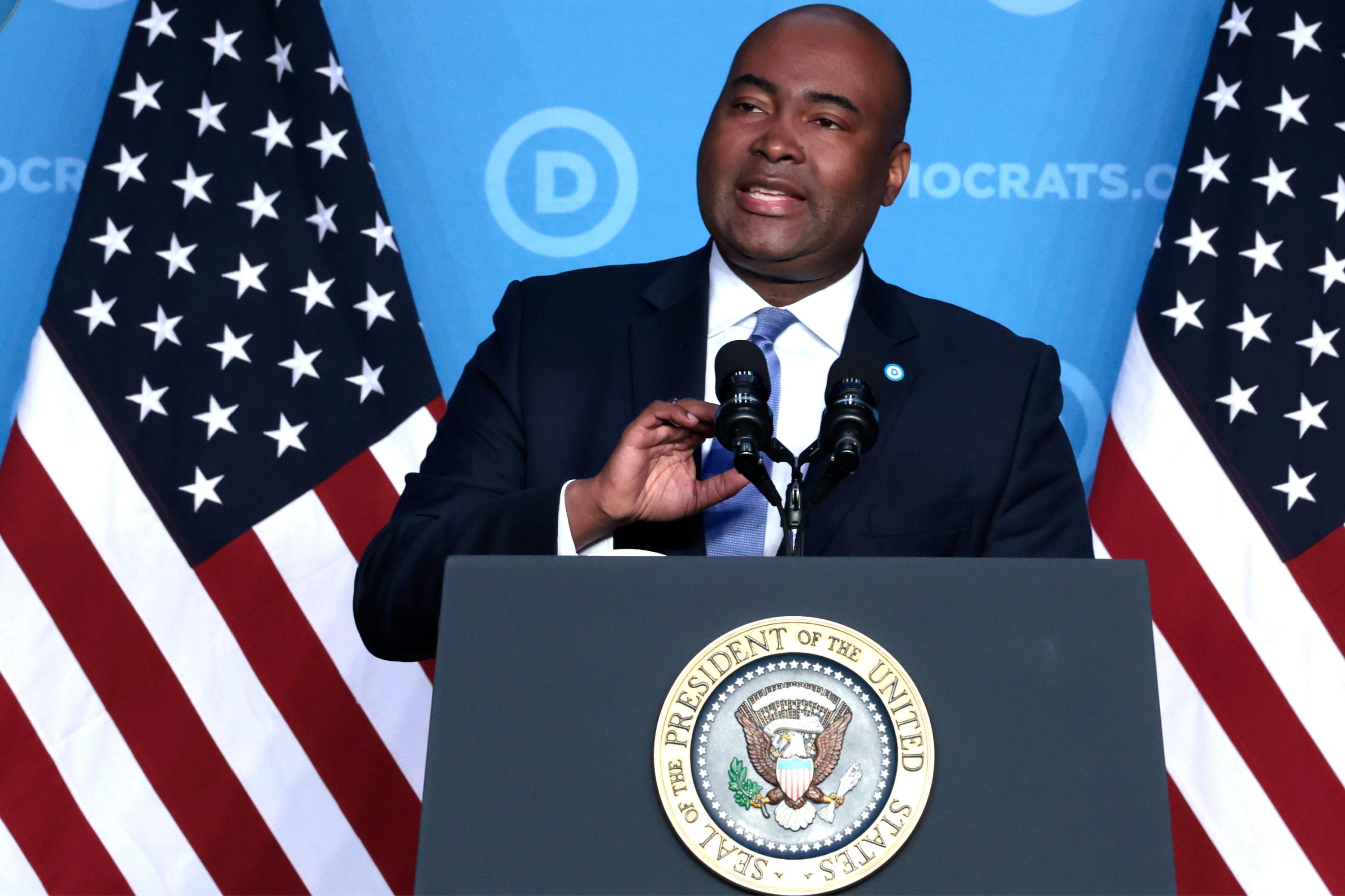 DNC Chair Jamie Harrison delivers a speech