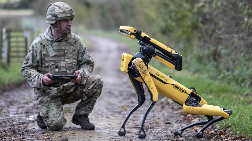 A soldier with a Boston Dynamics robot dog