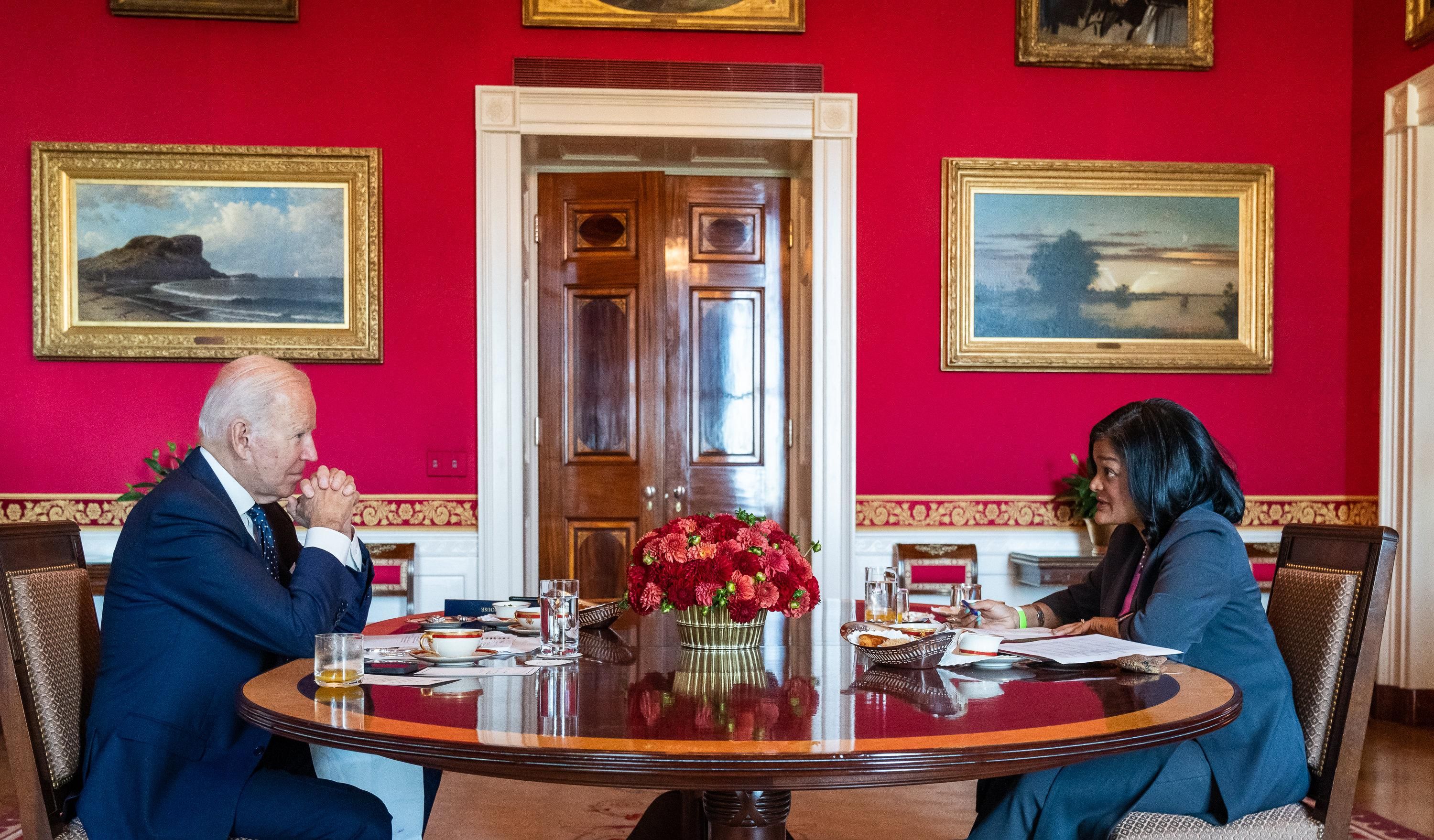 President Joe Biden and Rep. Pramila Jayapal in the Red Room of the White House