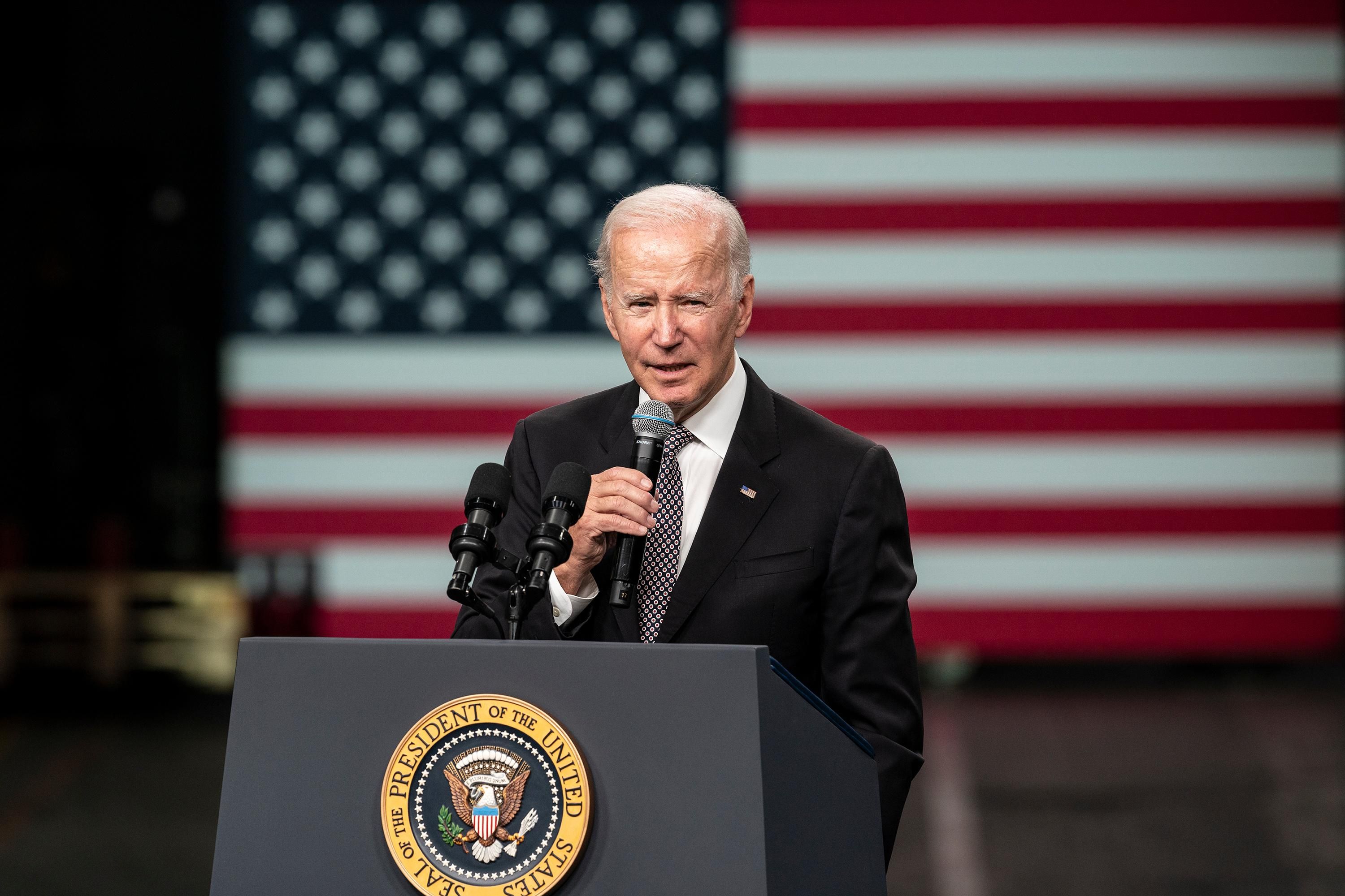President Joe Biden delivers a speech at an IBM facility