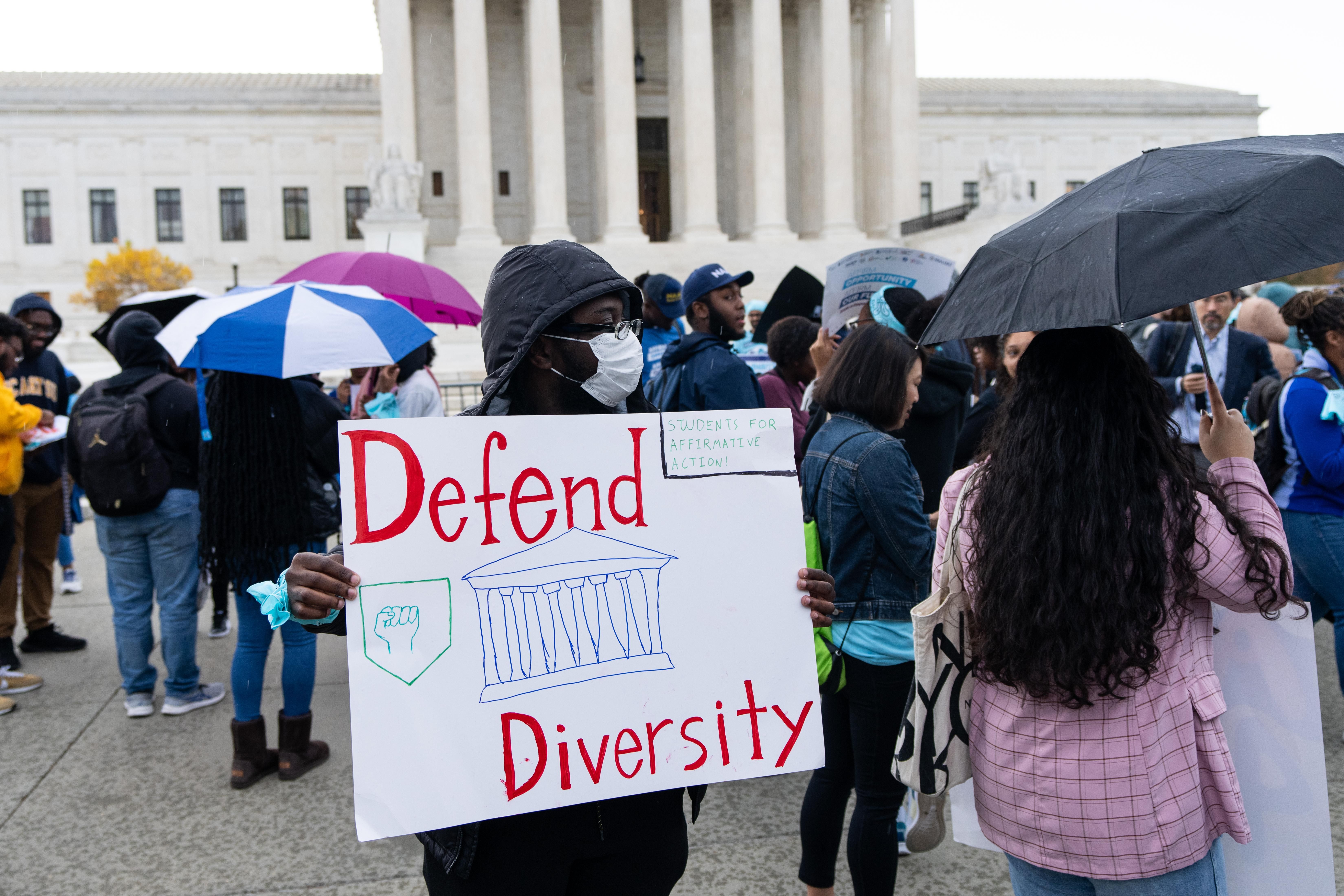 Protesters gather in front of the U.S. Supreme Court as affirmative action cases involving Harvard and University of North Carolina admissions are heard by the court in Washington, D.C. on October 31, 2022.