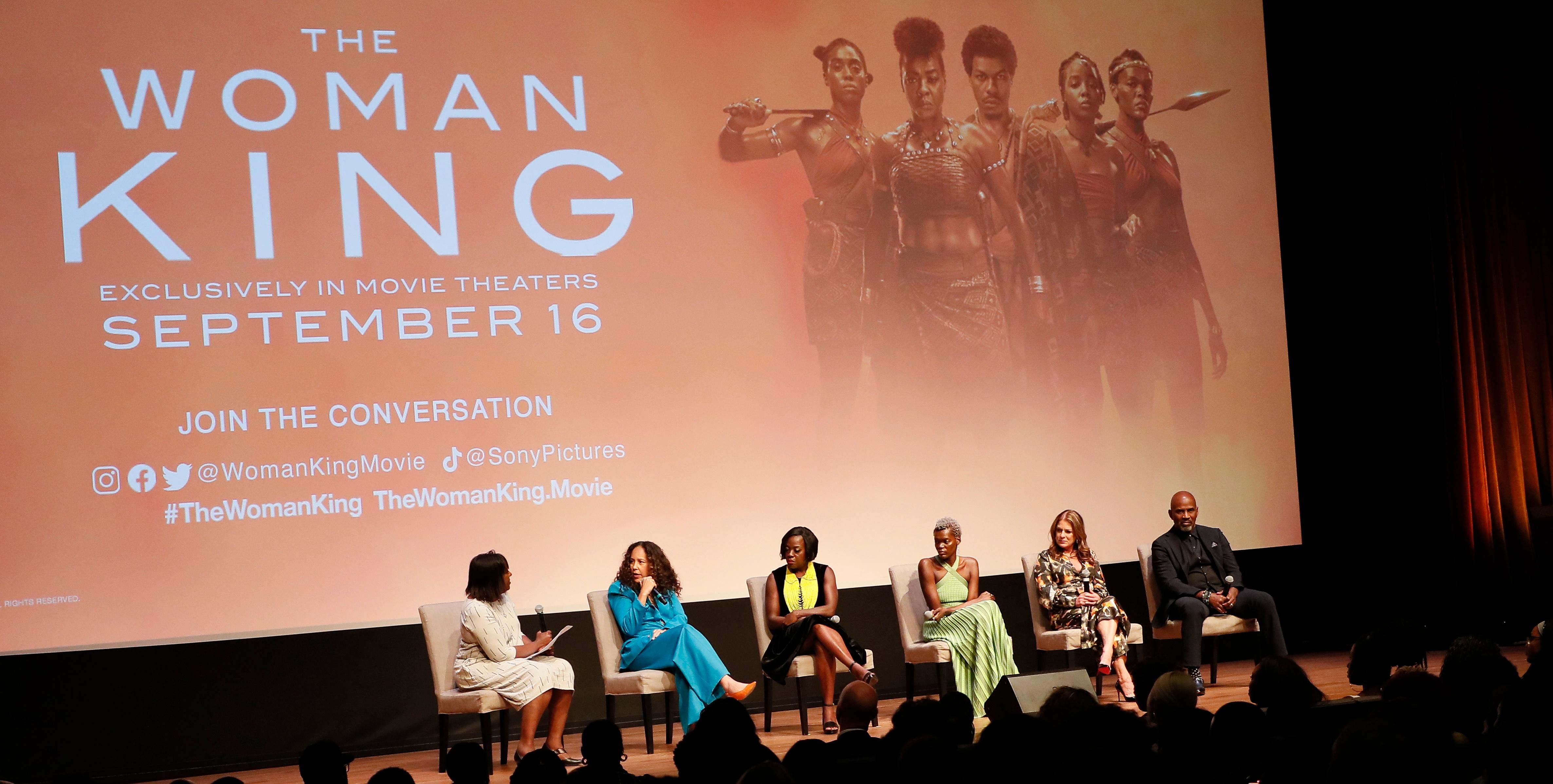Dwandalyn Reece, Gina Prince-Bythewood, Viola Davis, Shiela Atim, Cathy Shulman, and Julius Tennon speak onstage during a special screening of The Woman King at the National Museum of African American History and Culture on September 15, 2022 in Washington, D.C.